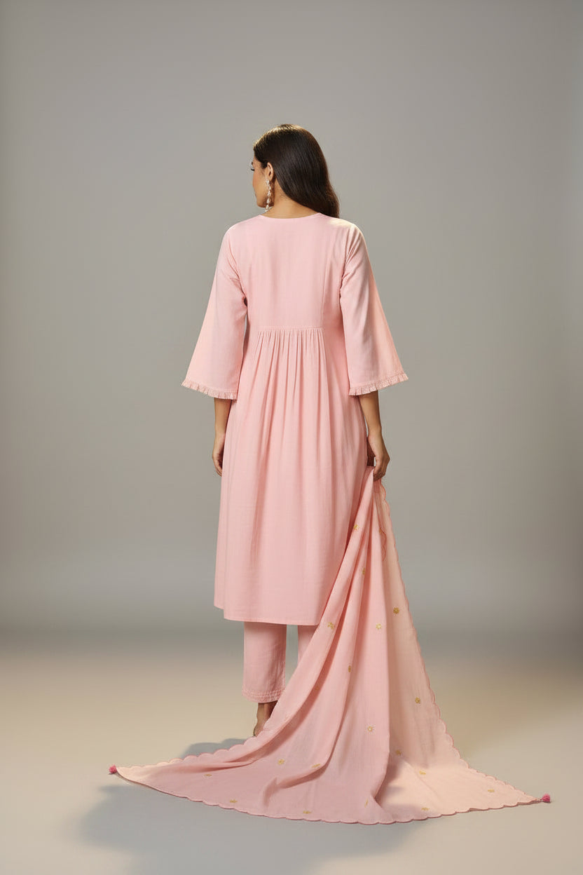 Powder Pink A-Line Pure Cotton Embroidery Kurta Set