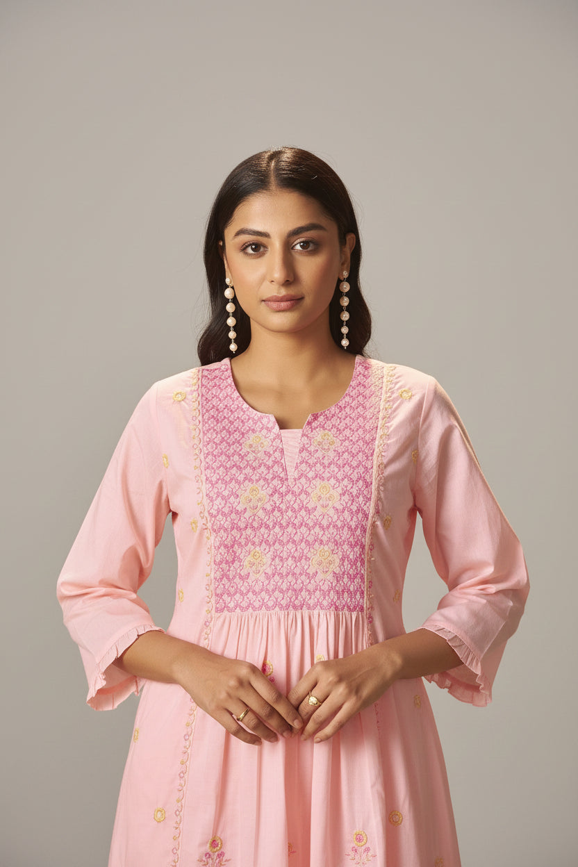 Powder Pink A-Line Pure Cotton Embroidery Kurta Set
