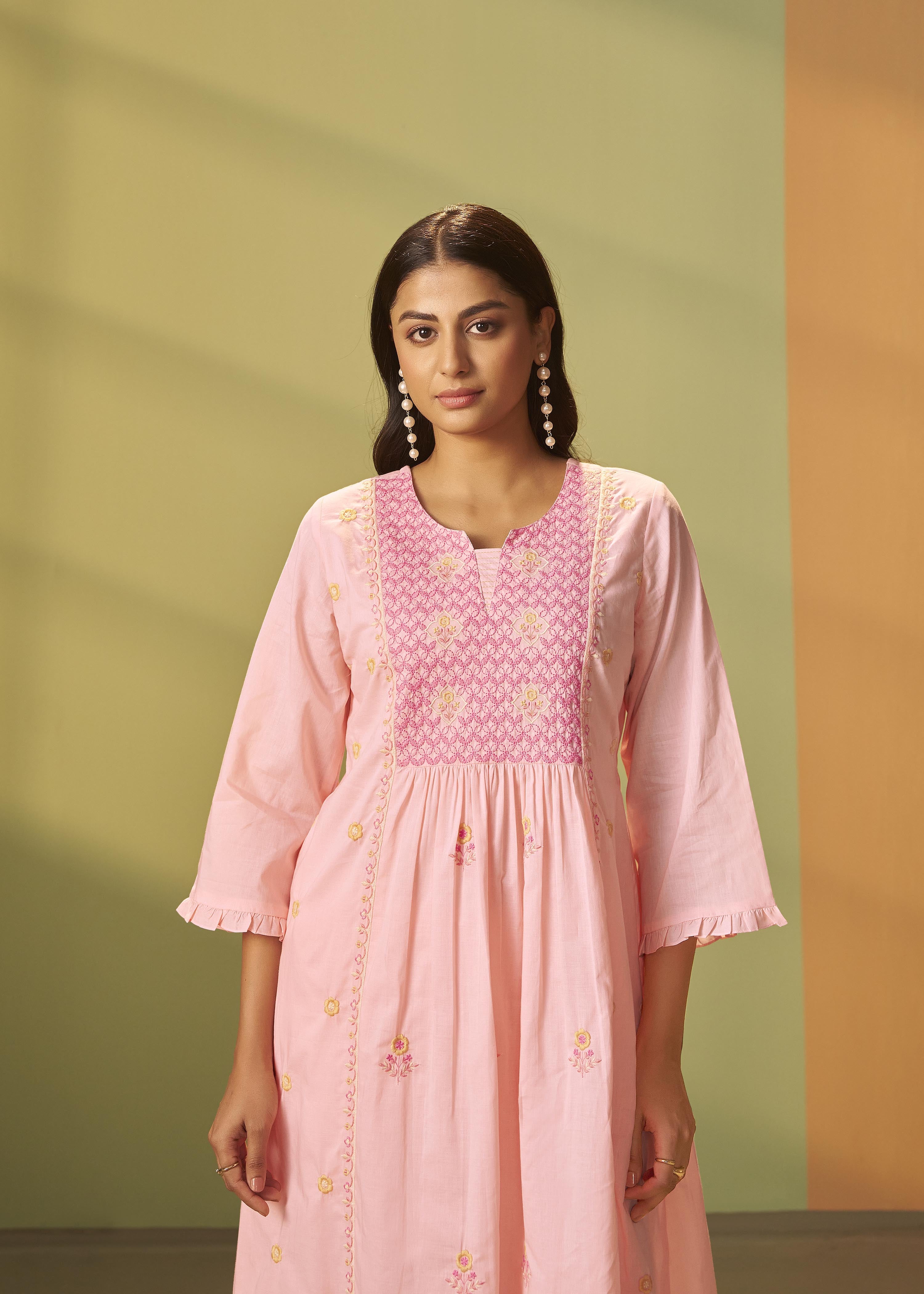 Powder Pink A-Line Pure Cotton Embroidery Kurta Set