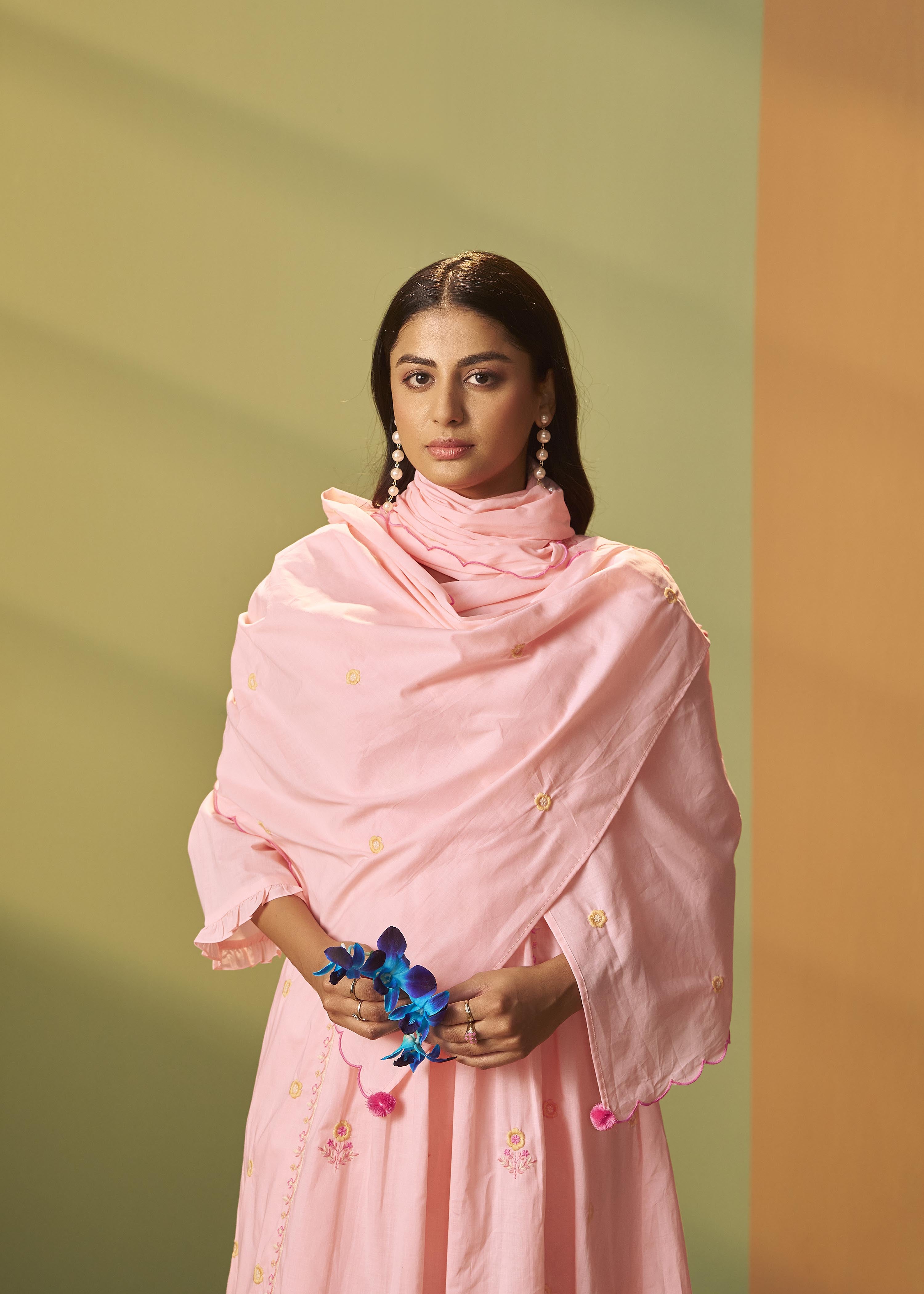 Powder Pink A-Line Pure Cotton Embroidery Kurta Set