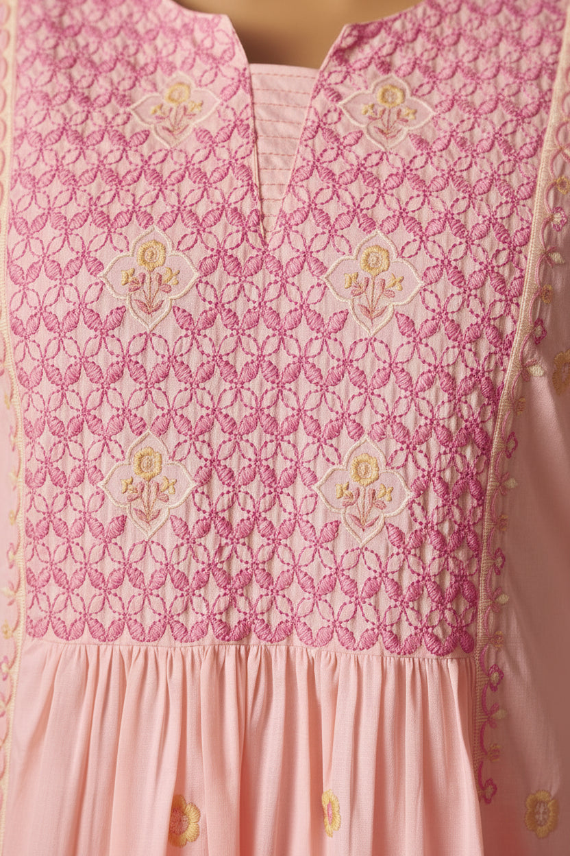 Powder Pink A-Line Pure Cotton Embroidery Kurta Set
