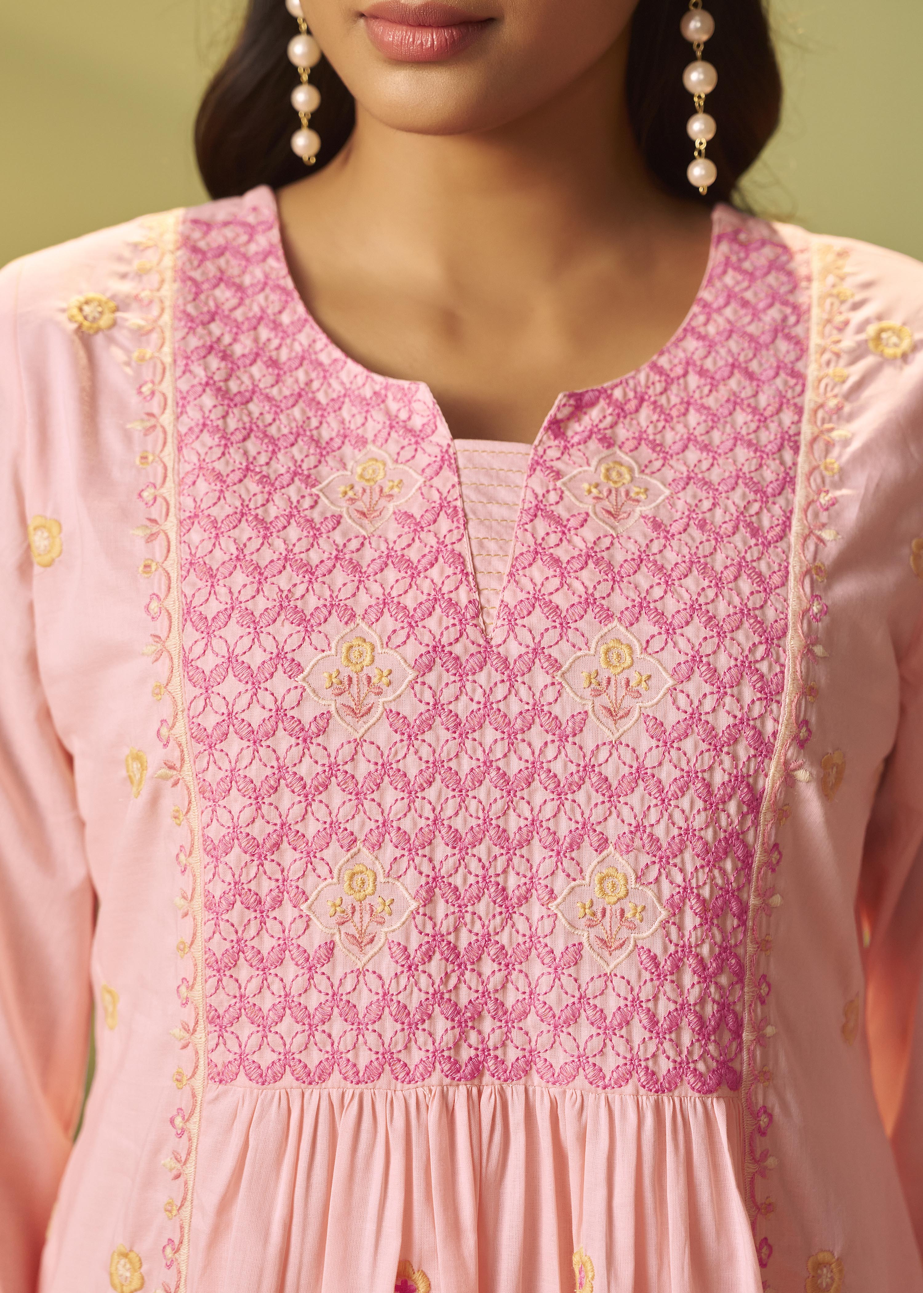 Powder Pink A-Line Pure Cotton Embroidery Kurta Set