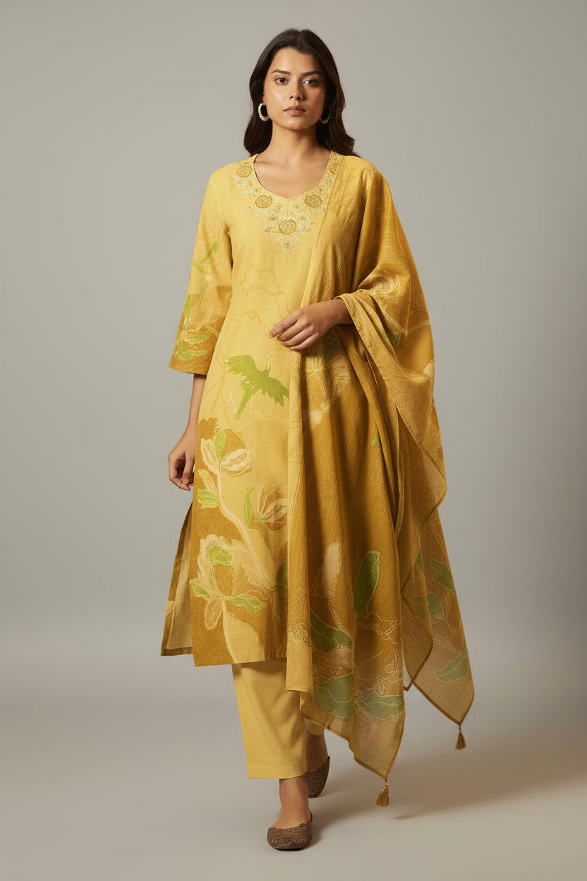 Saffron Yellow Cotton Linen Digital Print Kurta Set