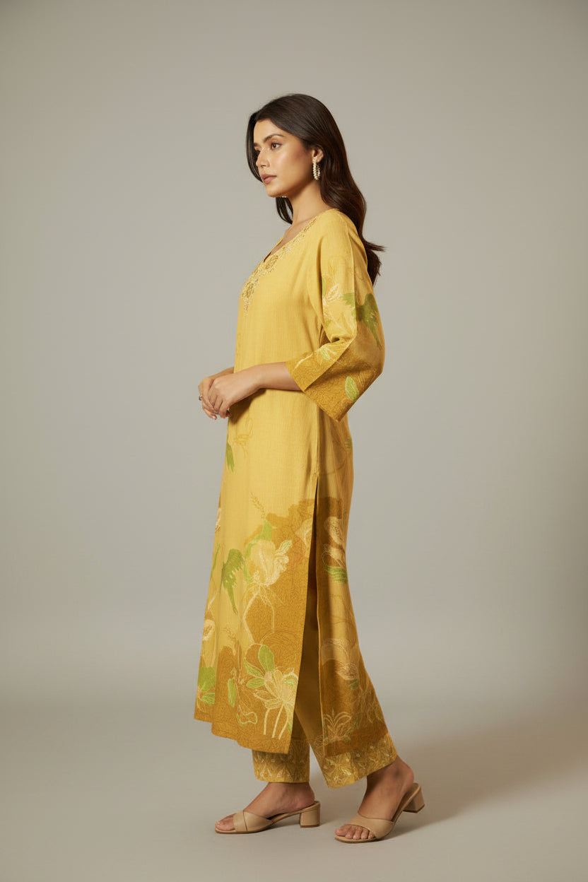 Saffron Yellow Cotton Linen Digital Print Kurta Set