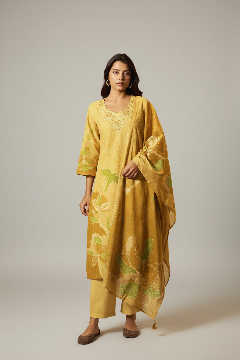 Saffron Yellow Cotton Linen Digital Print Kurta Set