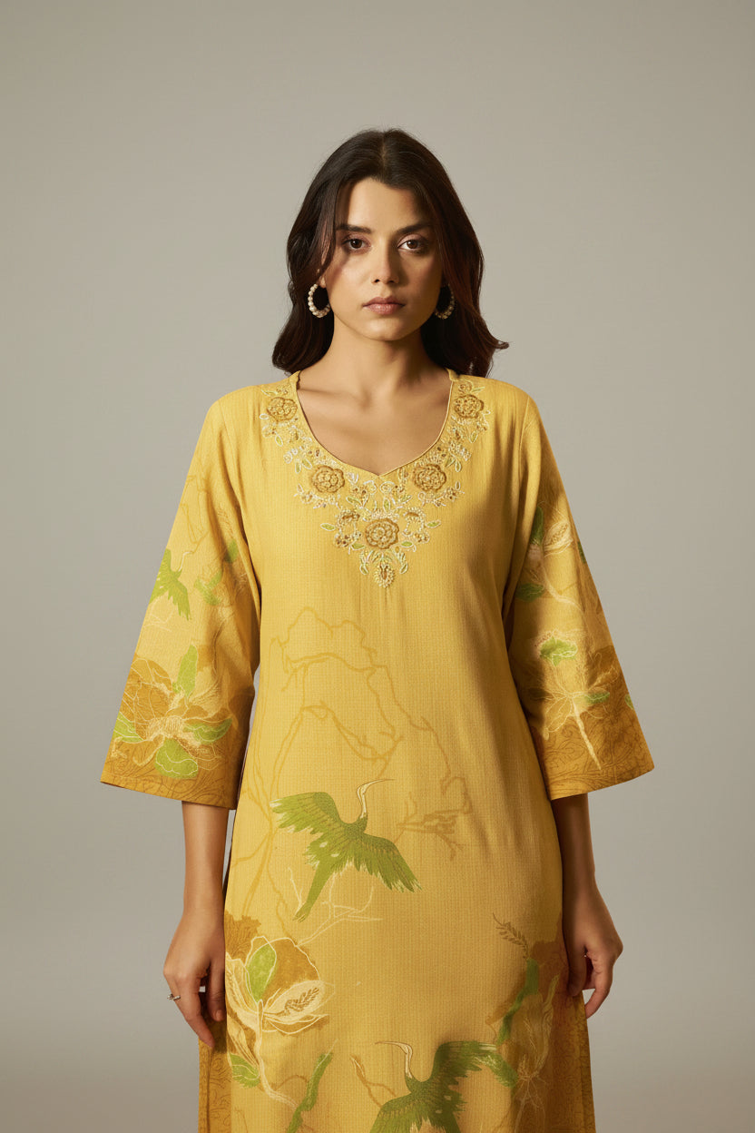 Saffron Yellow Cotton Linen Digital Print Kurta Set