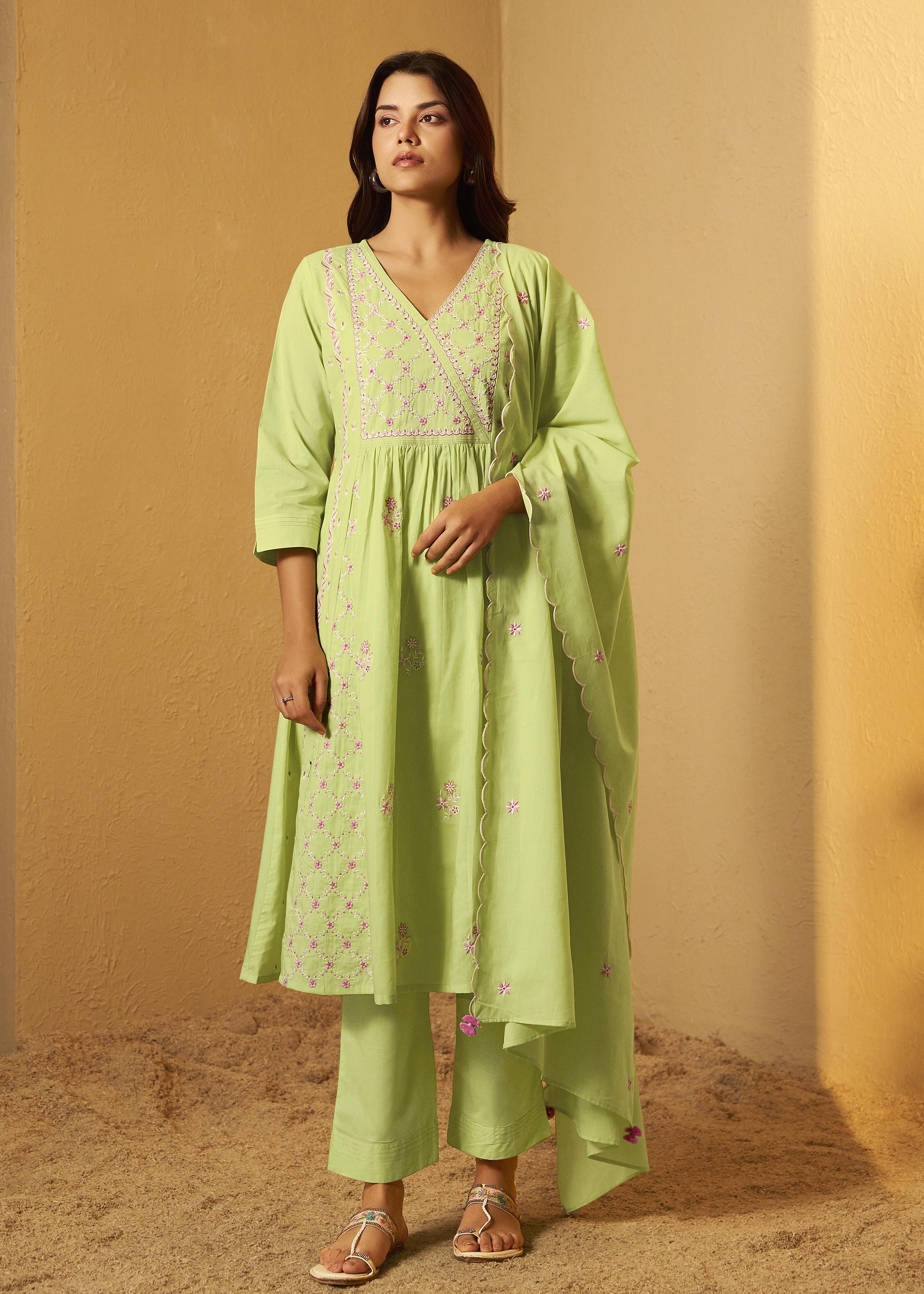 Lime Green A-Line Pure Cotton Embroidery Kurta Set