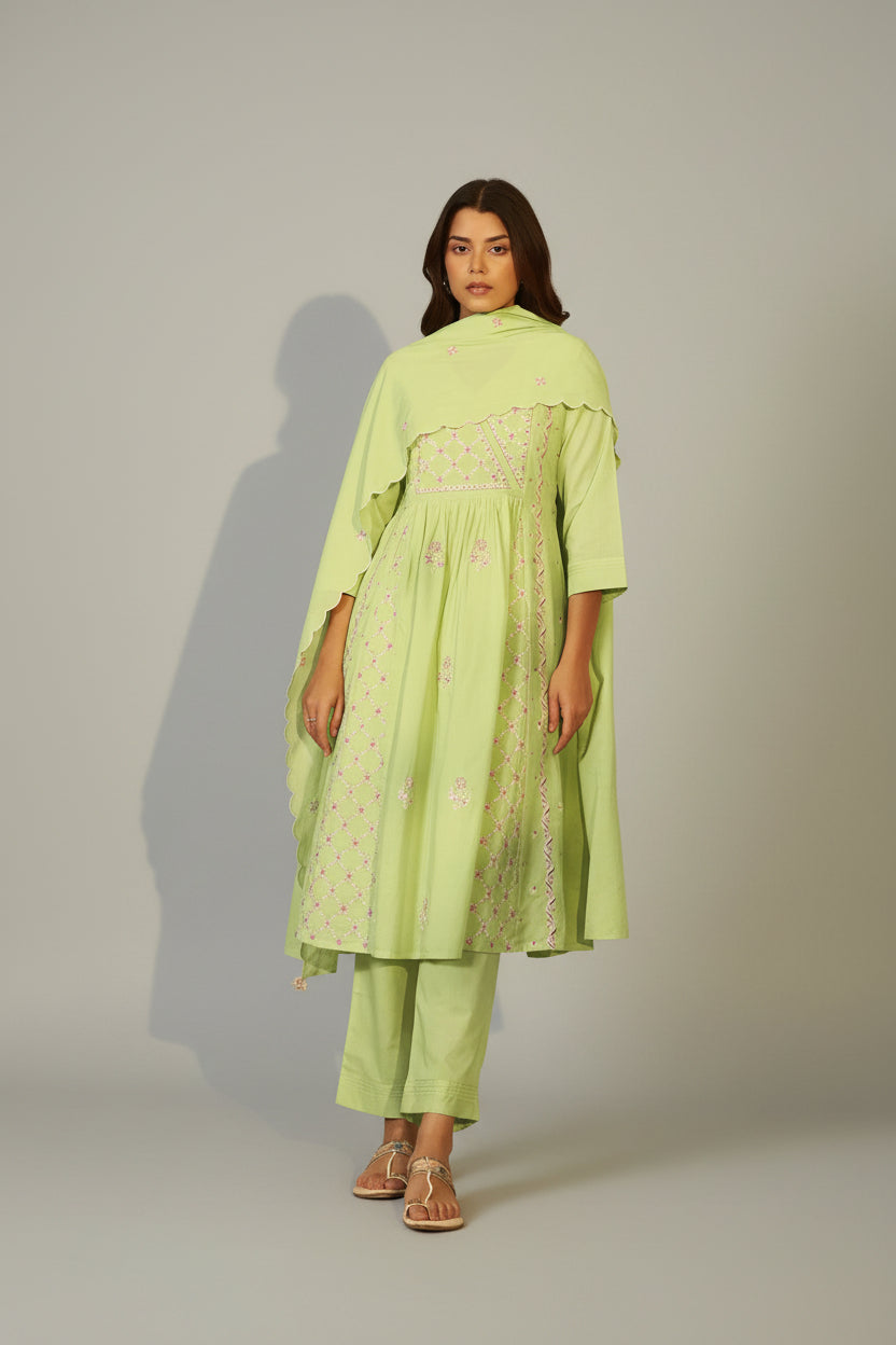 Lime Green A-Line Pure Cotton Embroidery Kurta Set