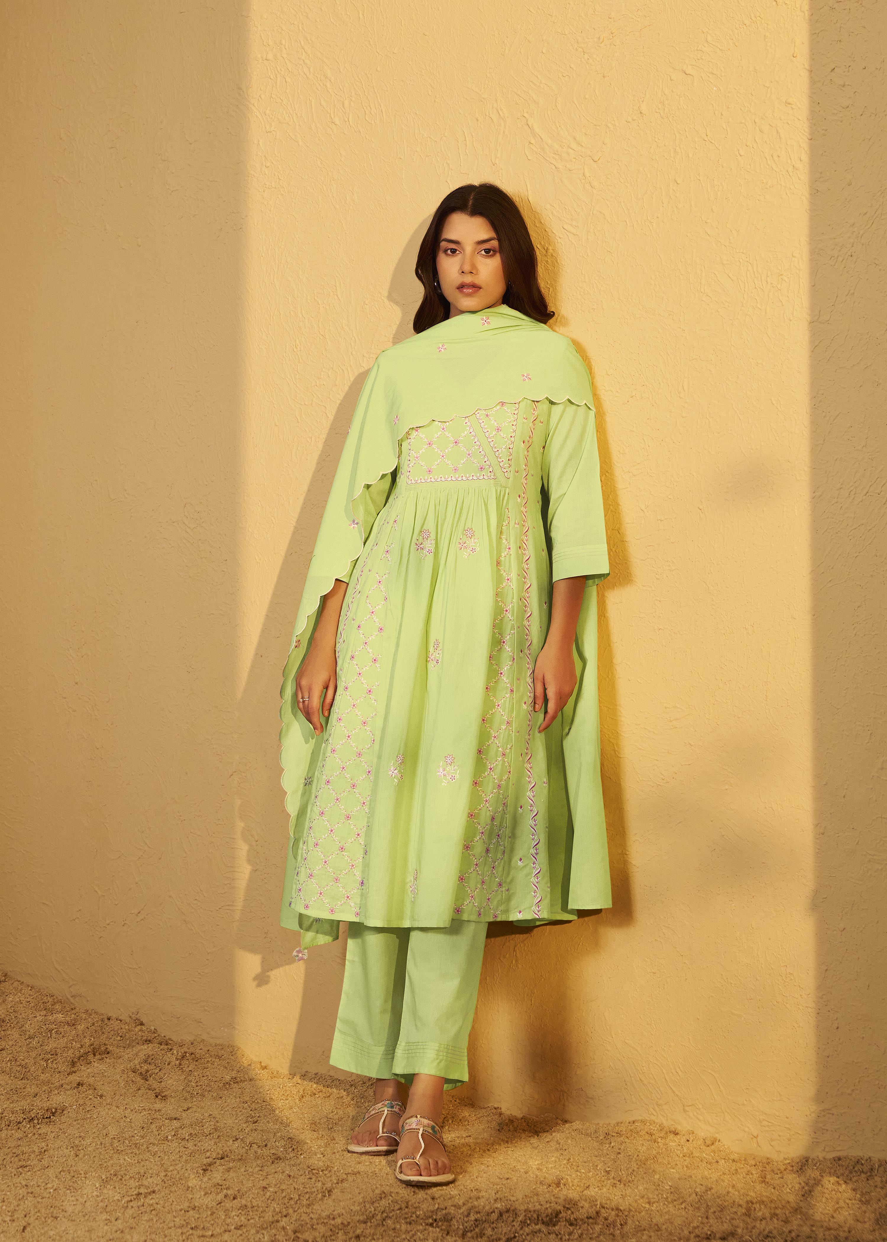 Lime Green A-Line Pure Cotton Embroidery Kurta Set