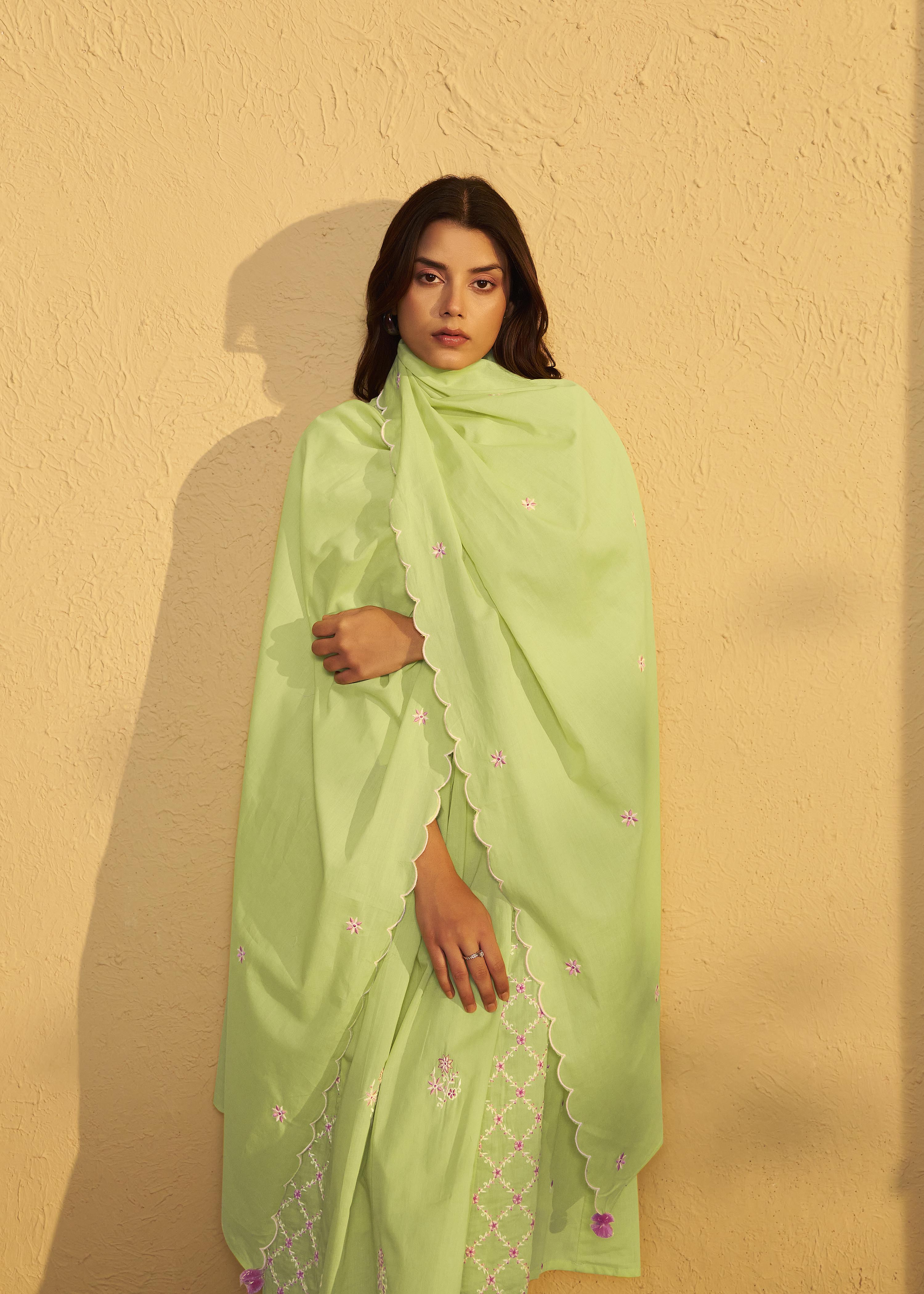 Lime Green A-Line Pure Cotton Embroidery Kurta Set