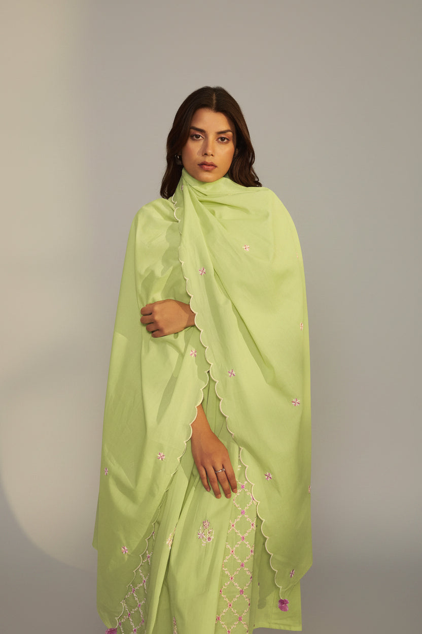 Lime Green A-Line Pure Cotton Embroidery Kurta Set