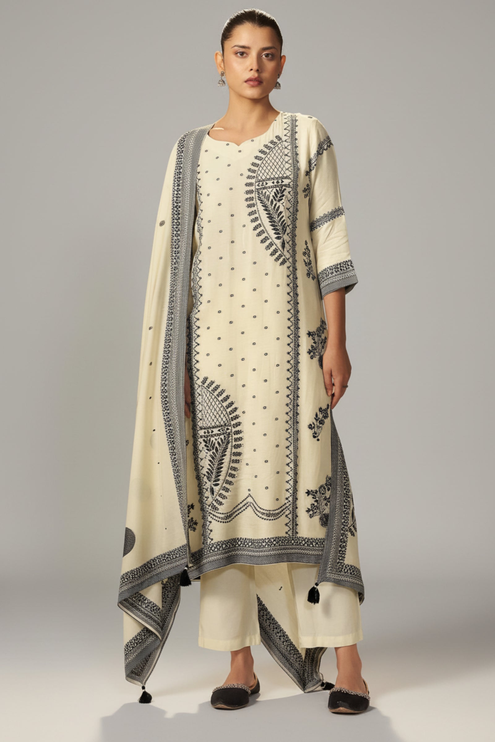 Ivory Cream Muslin Black Jacquard Kurta Set