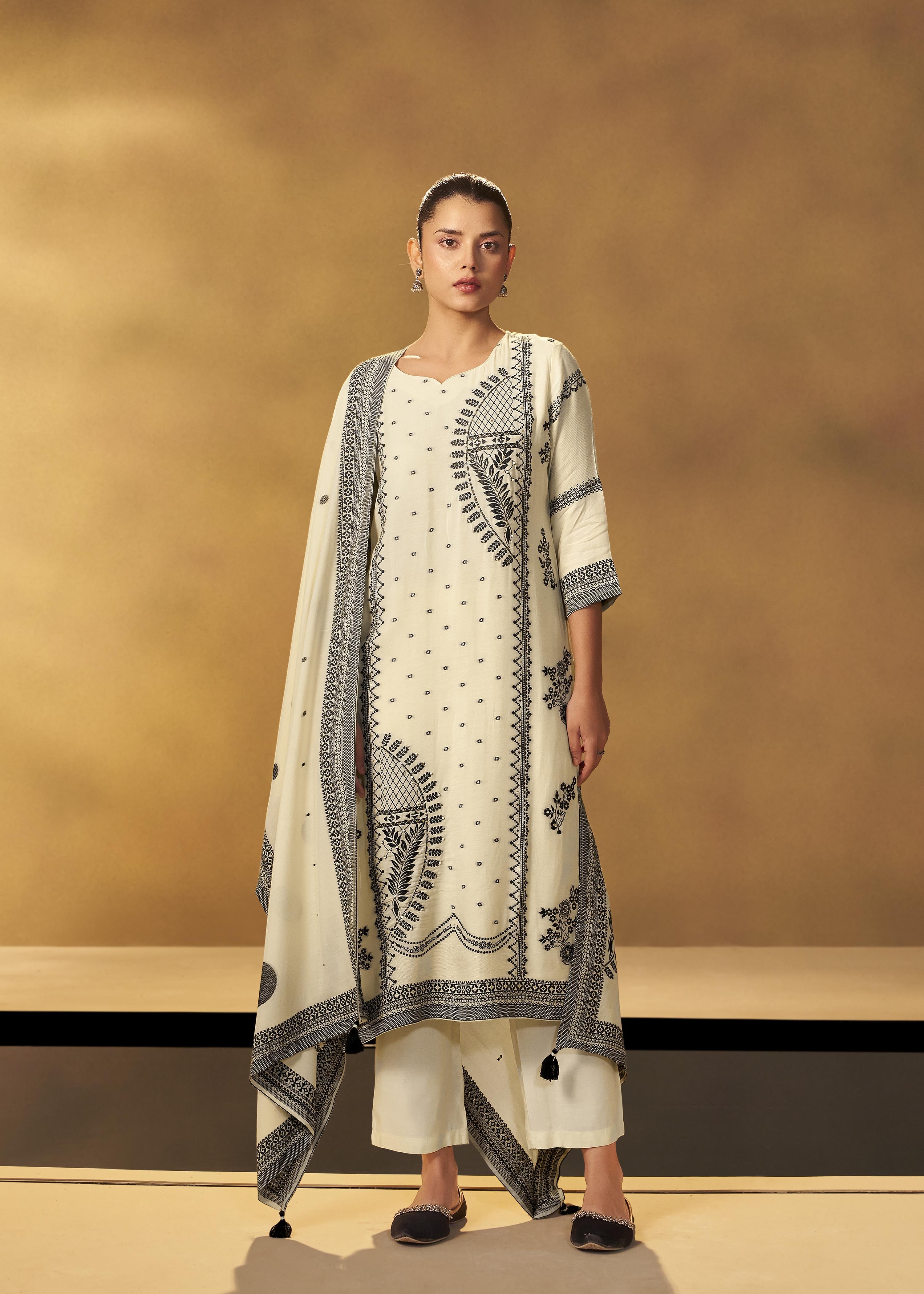 Ivory Cream Muslin Black Jacquard Kurta Set