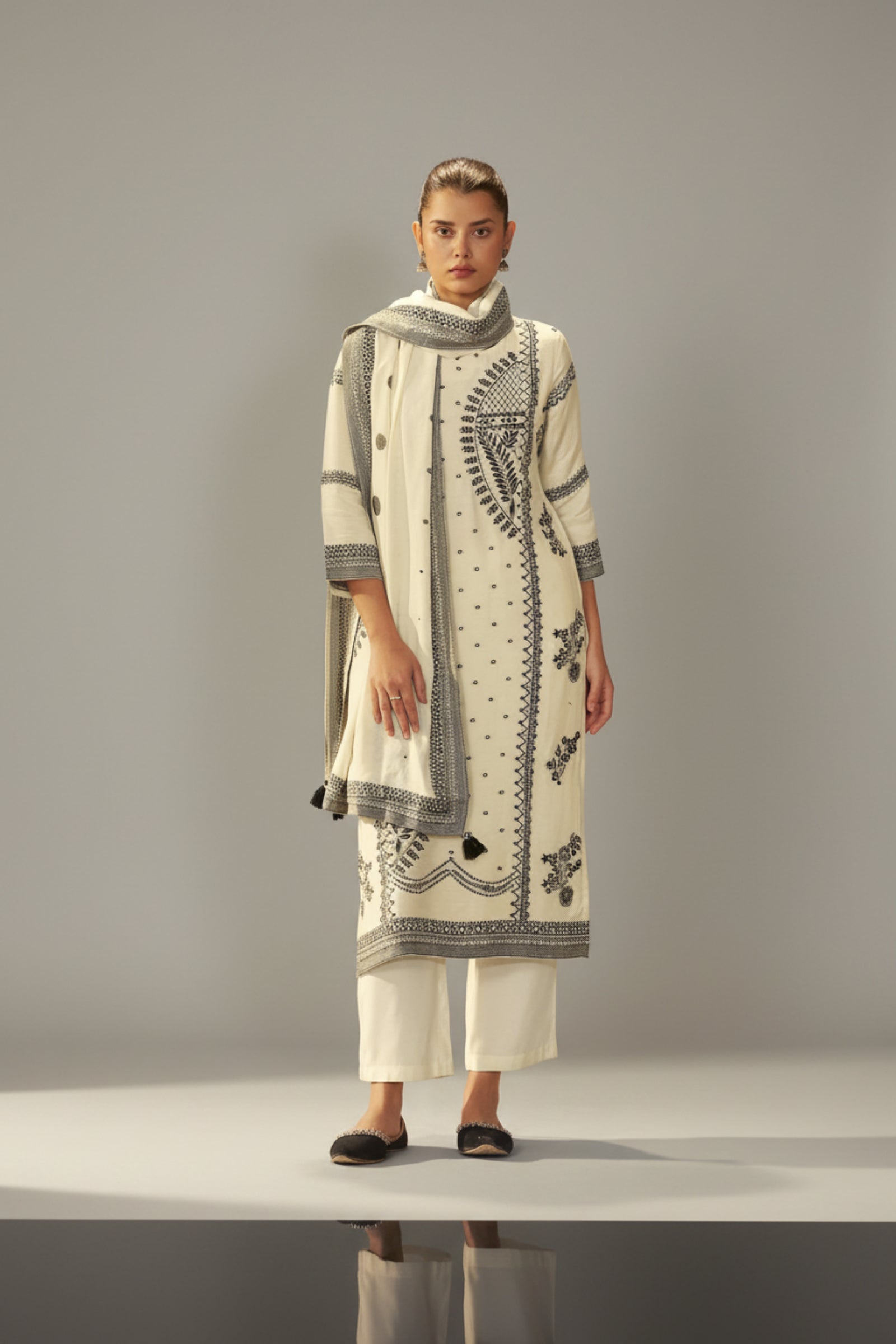Ivory Cream Muslin Black Jacquard Kurta Set