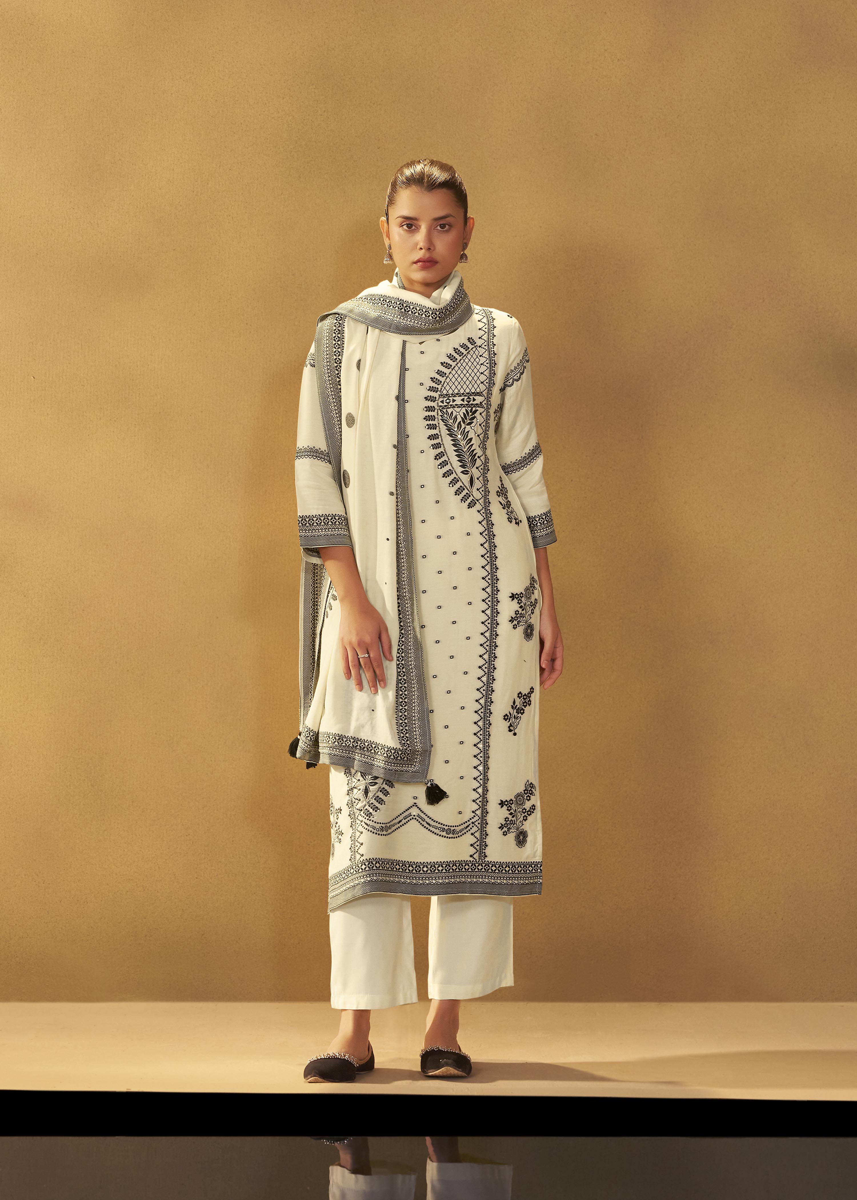 Ivory Cream Muslin Black Jacquard Kurta Set
