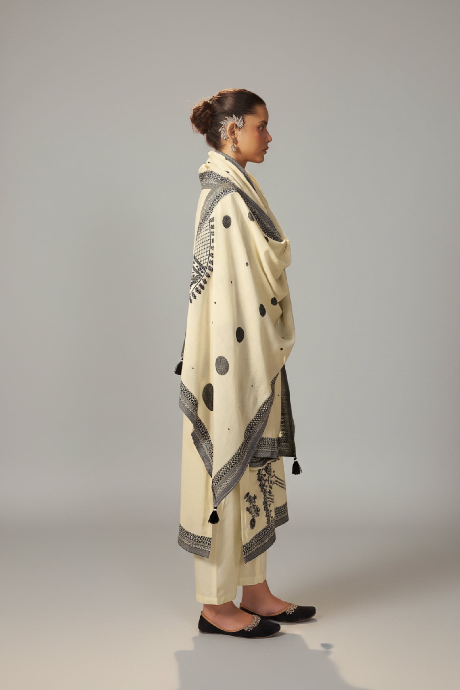 Ivory Cream Muslin Black Jacquard Kurta Set