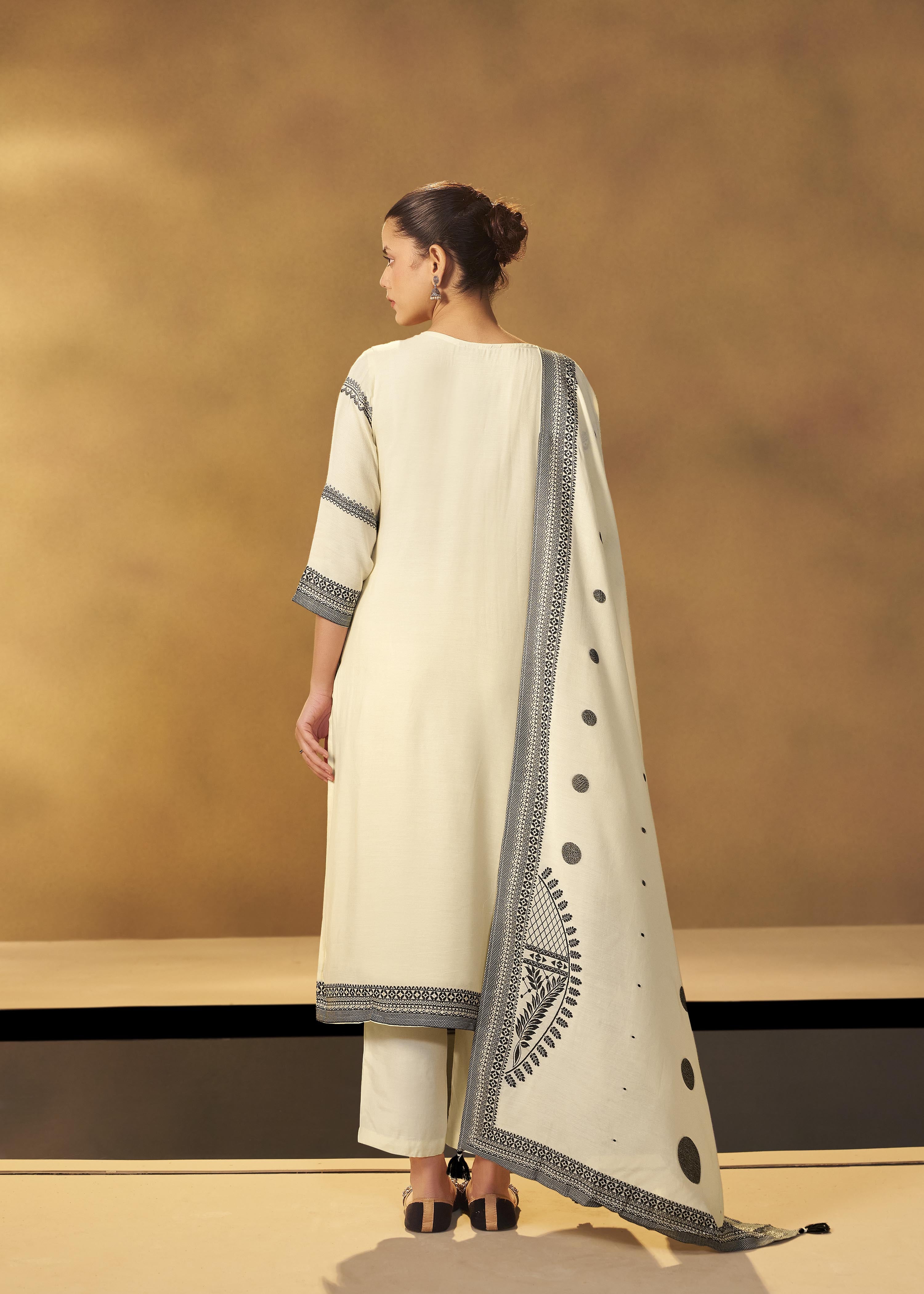 Ivory Cream Muslin Black Jacquard Kurta Set