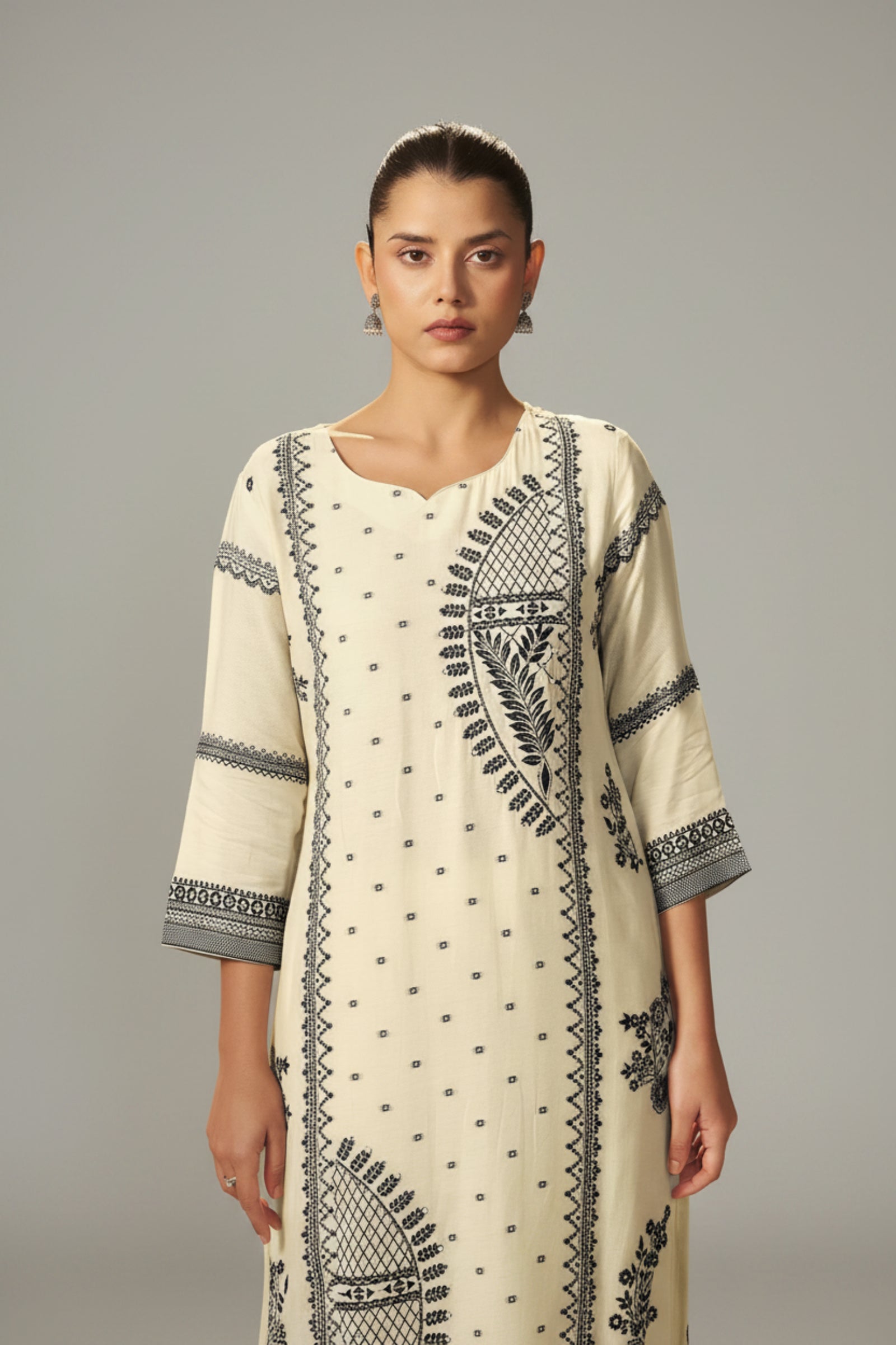 Ivory Cream Muslin Black Jacquard Kurta Set