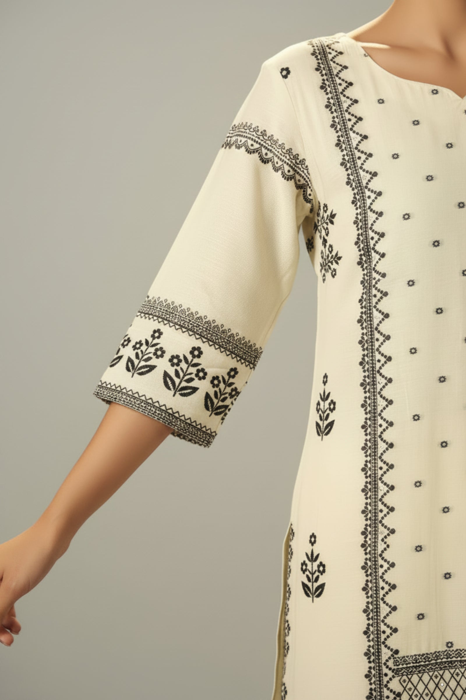 Ivory Cream Muslin Black Jacquard Kurta Set