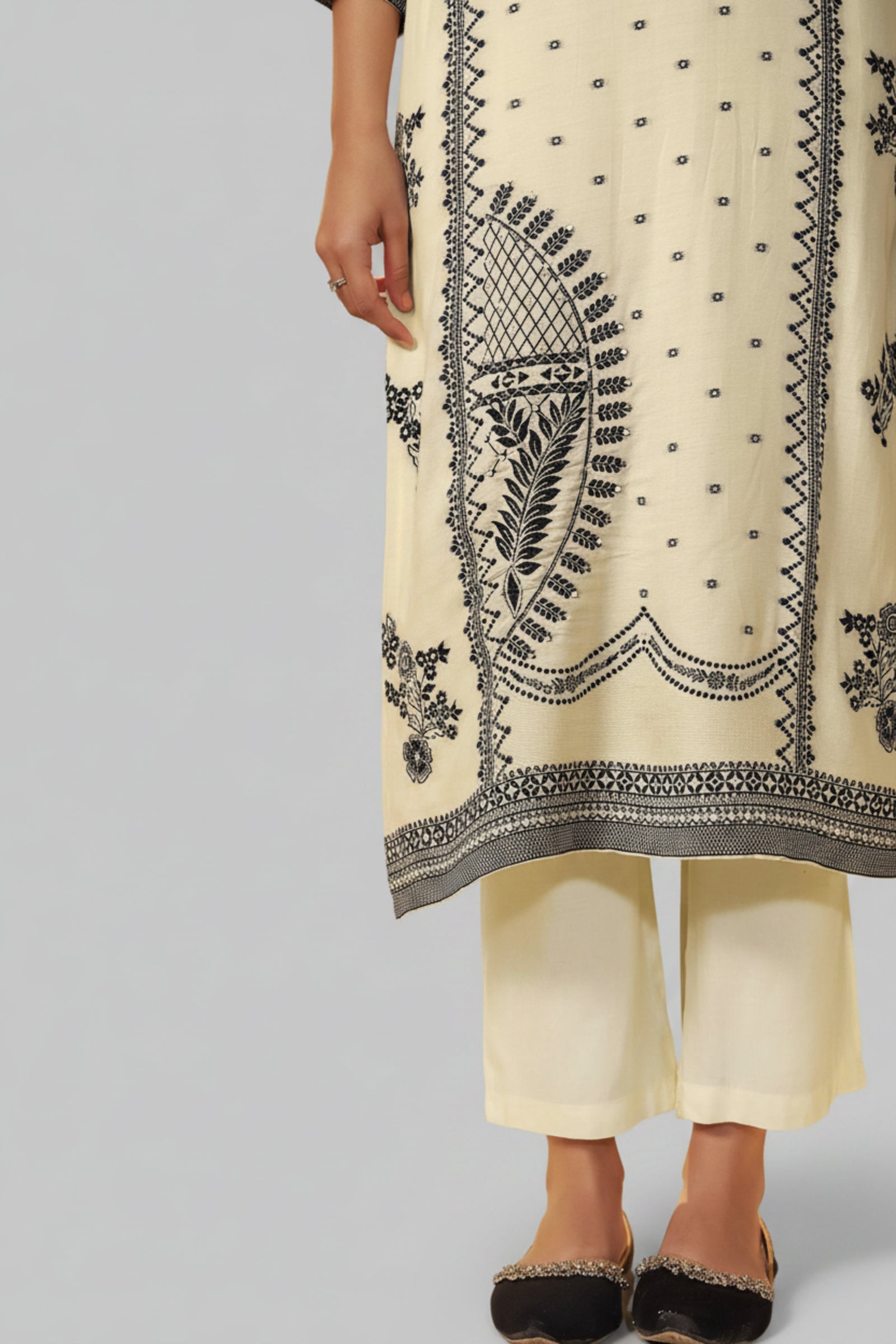 Ivory Cream Muslin Black Jacquard Kurta Set