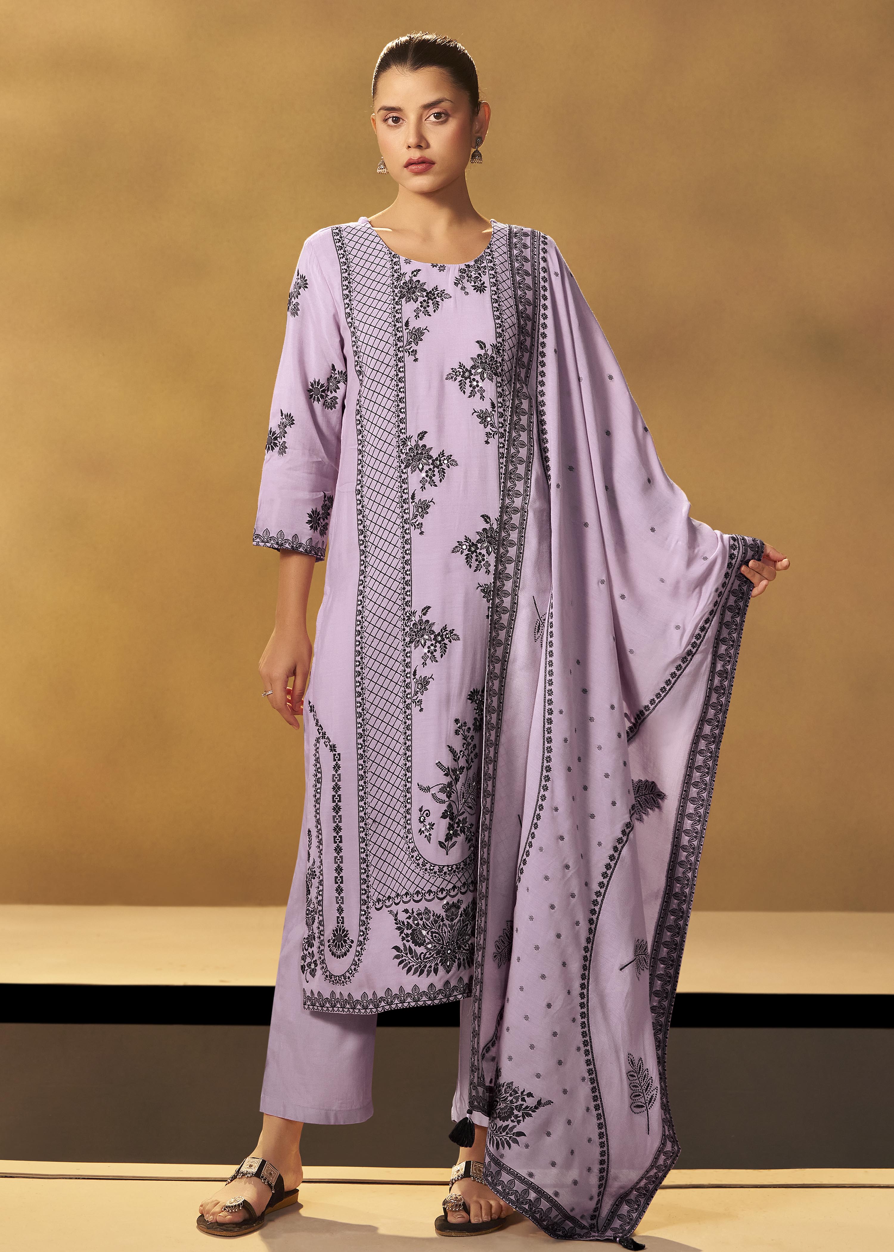 Wisteria Lavender Muslin Black Jacquard Kurta Set