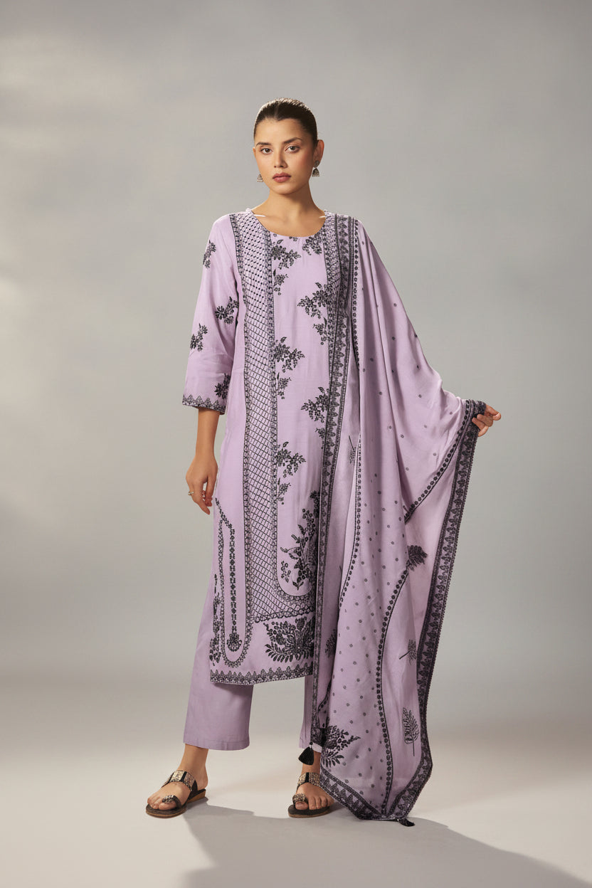 Wisteria Lavender Muslin Black Jacquard Kurta Set