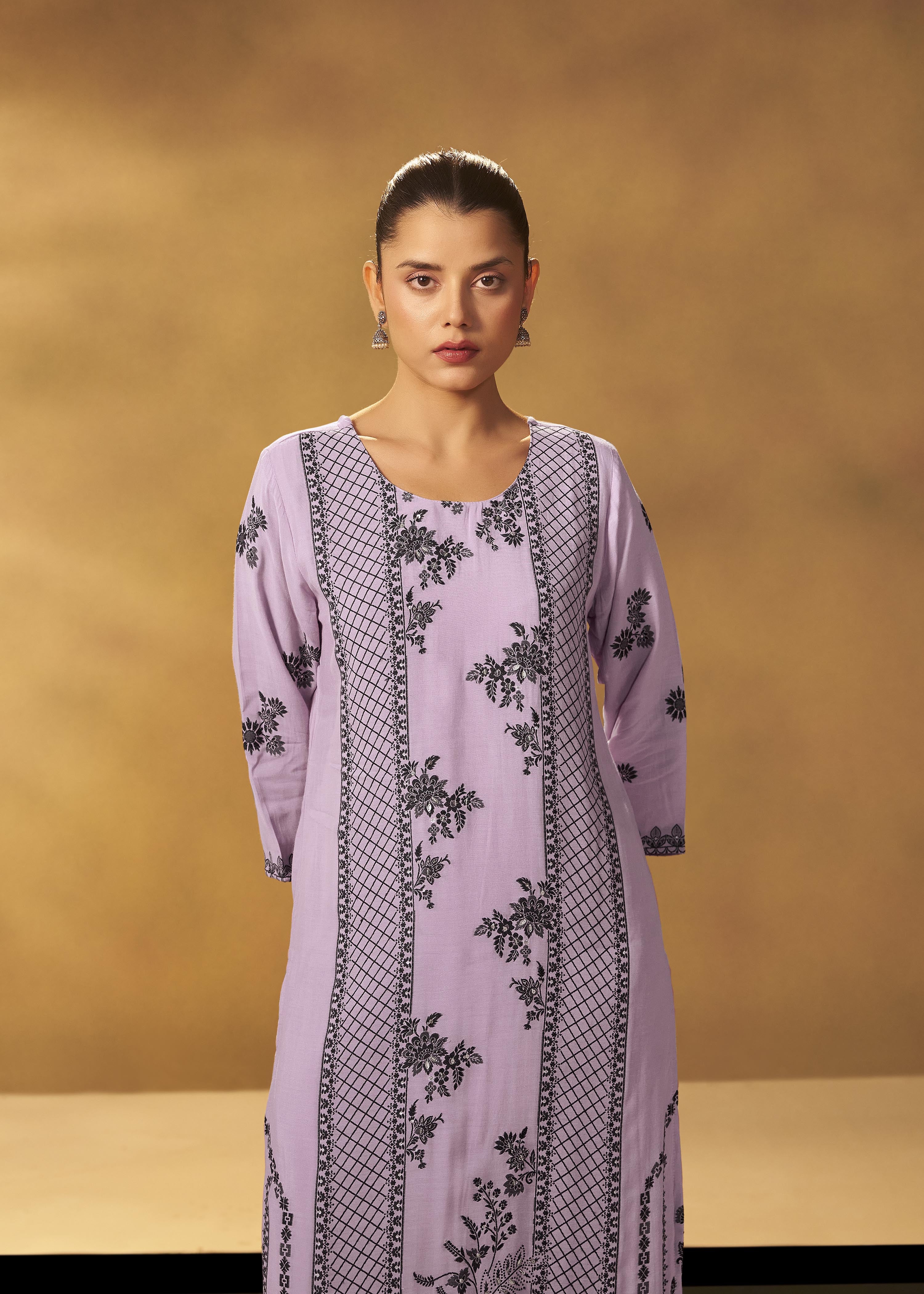 Wisteria Lavender Muslin Black Jacquard Kurta Set