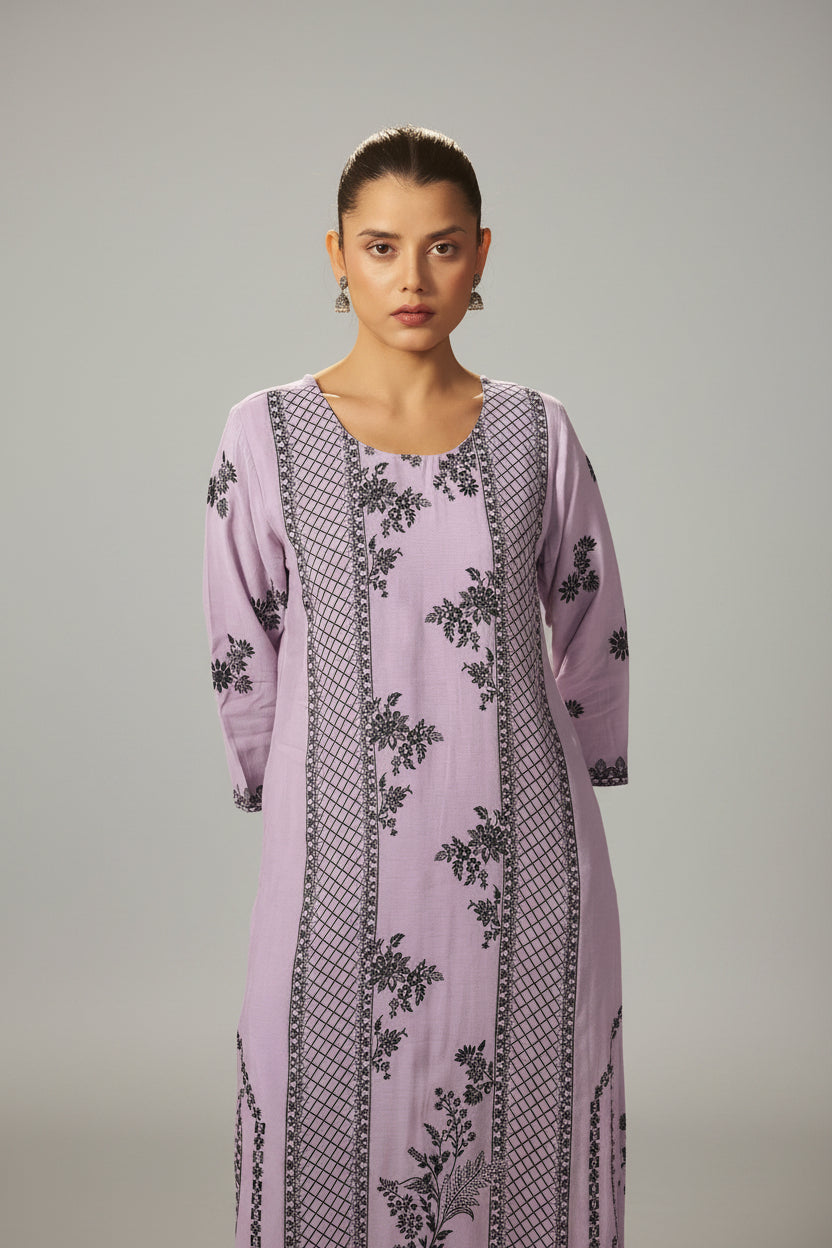 Wisteria Lavender Muslin Black Jacquard Kurta Set
