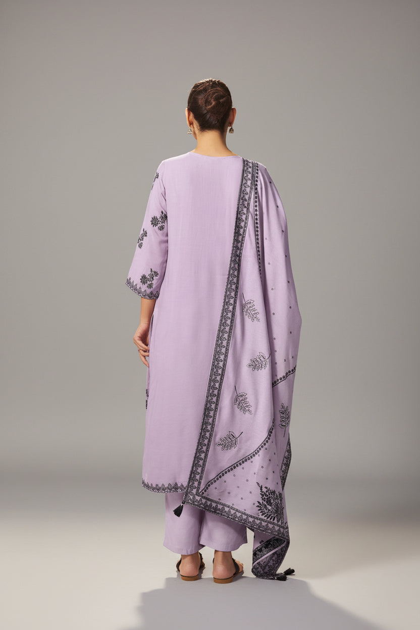 Wisteria Lavender Muslin Black Jacquard Kurta Set
