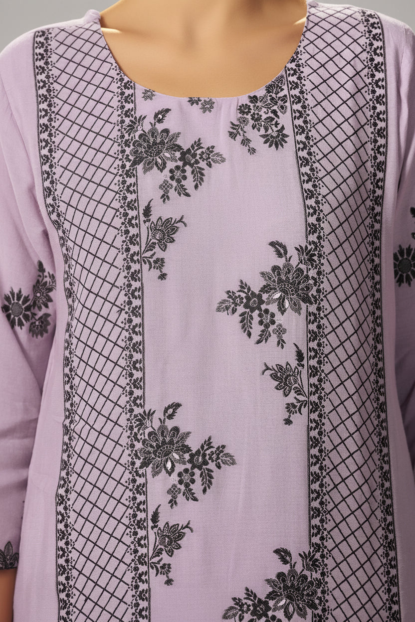 Wisteria Lavender Muslin Black Jacquard Kurta Set