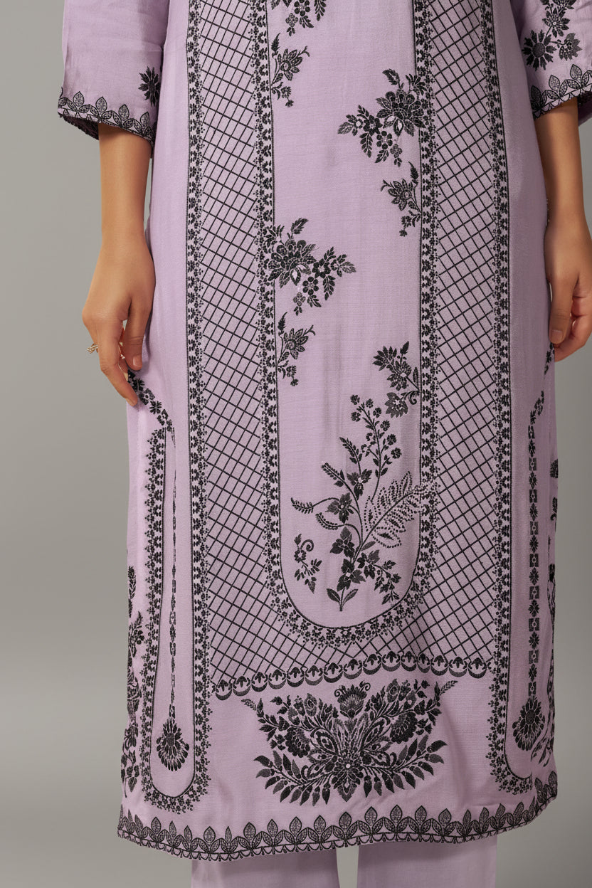 Wisteria Lavender Muslin Black Jacquard Kurta Set