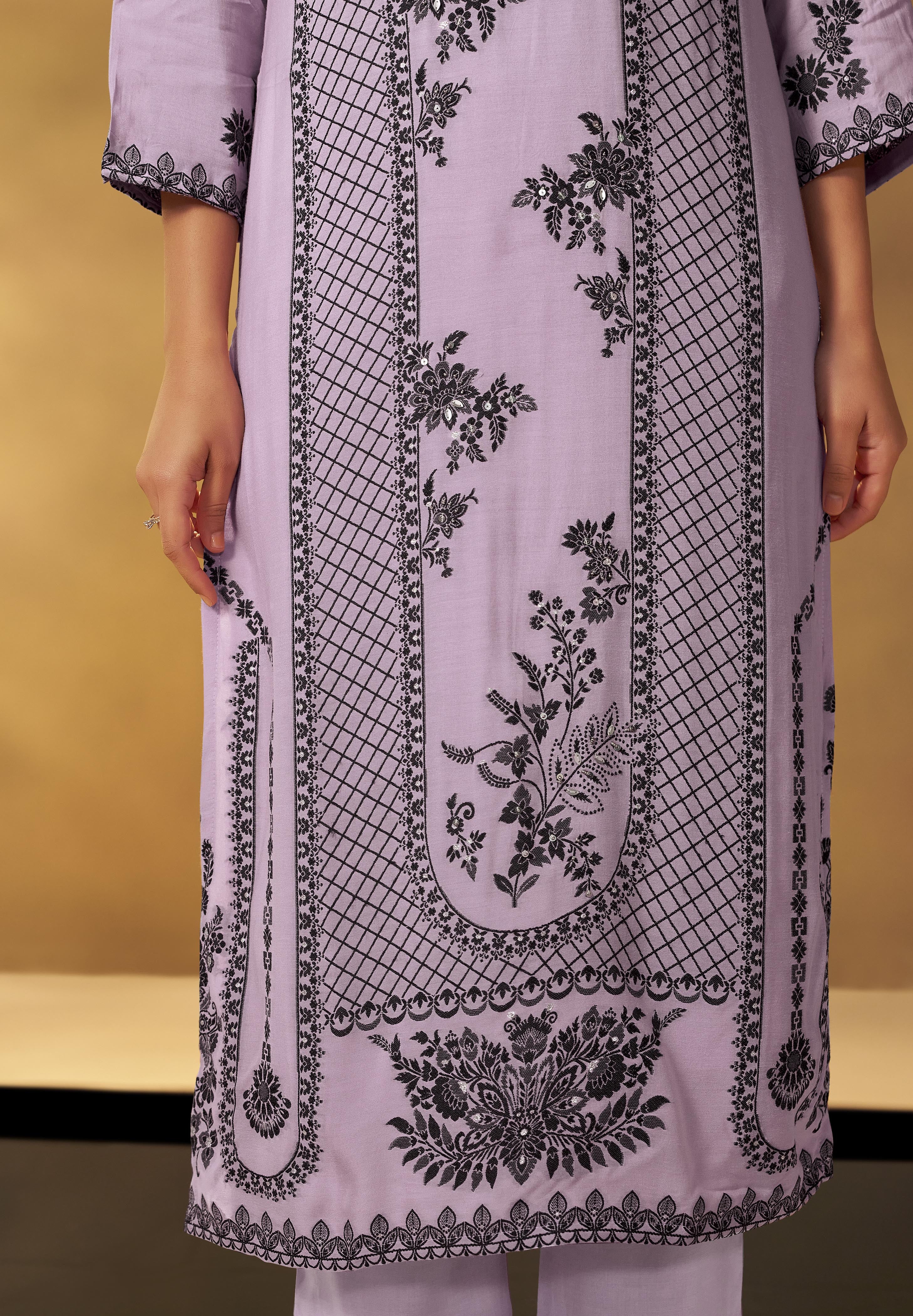 Wisteria Lavender Muslin Black Jacquard Kurta Set