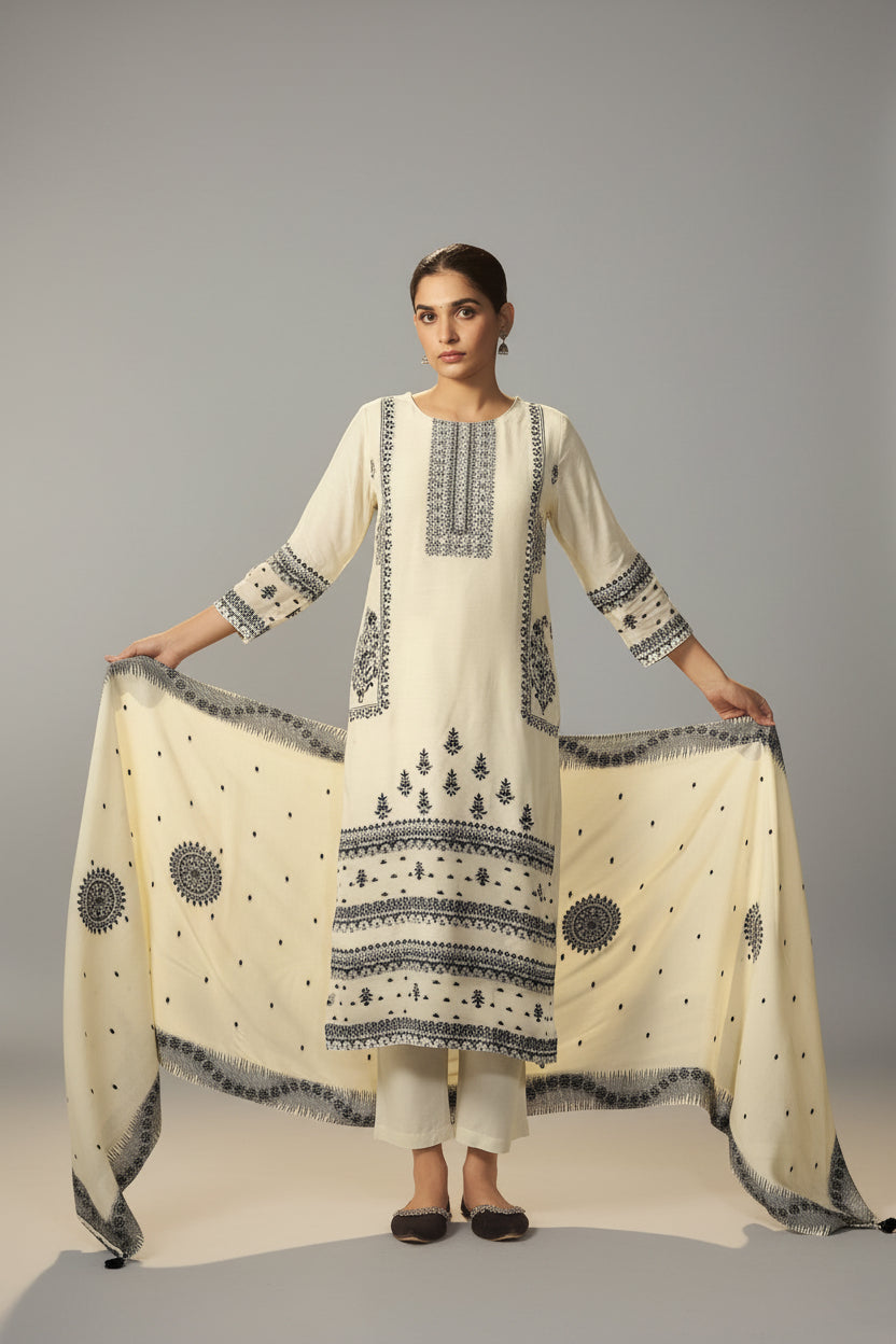 Butter Cream Muslin Black Jacquard Kurta Set