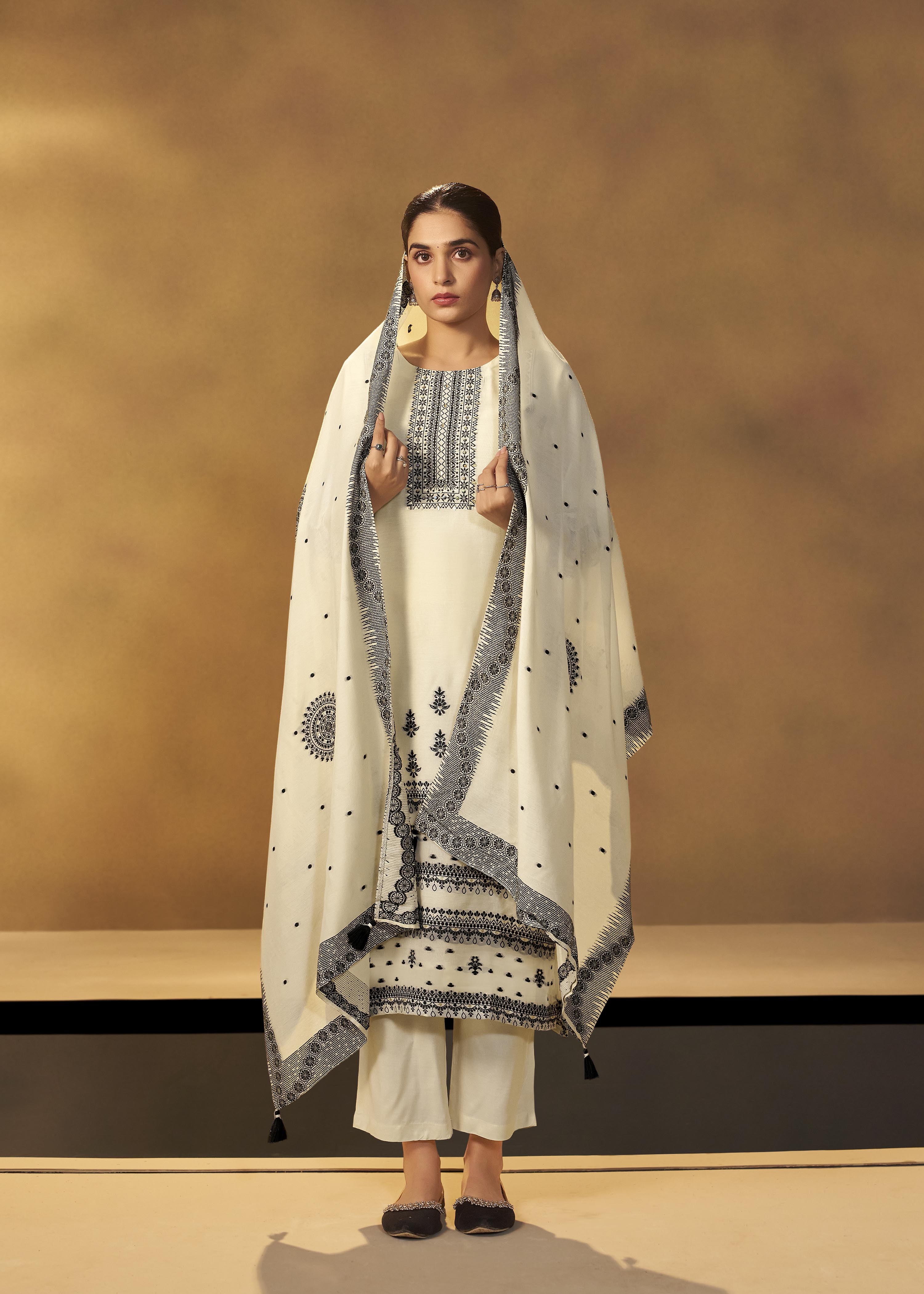 Butter Cream Muslin Black Jacquard Kurta Set