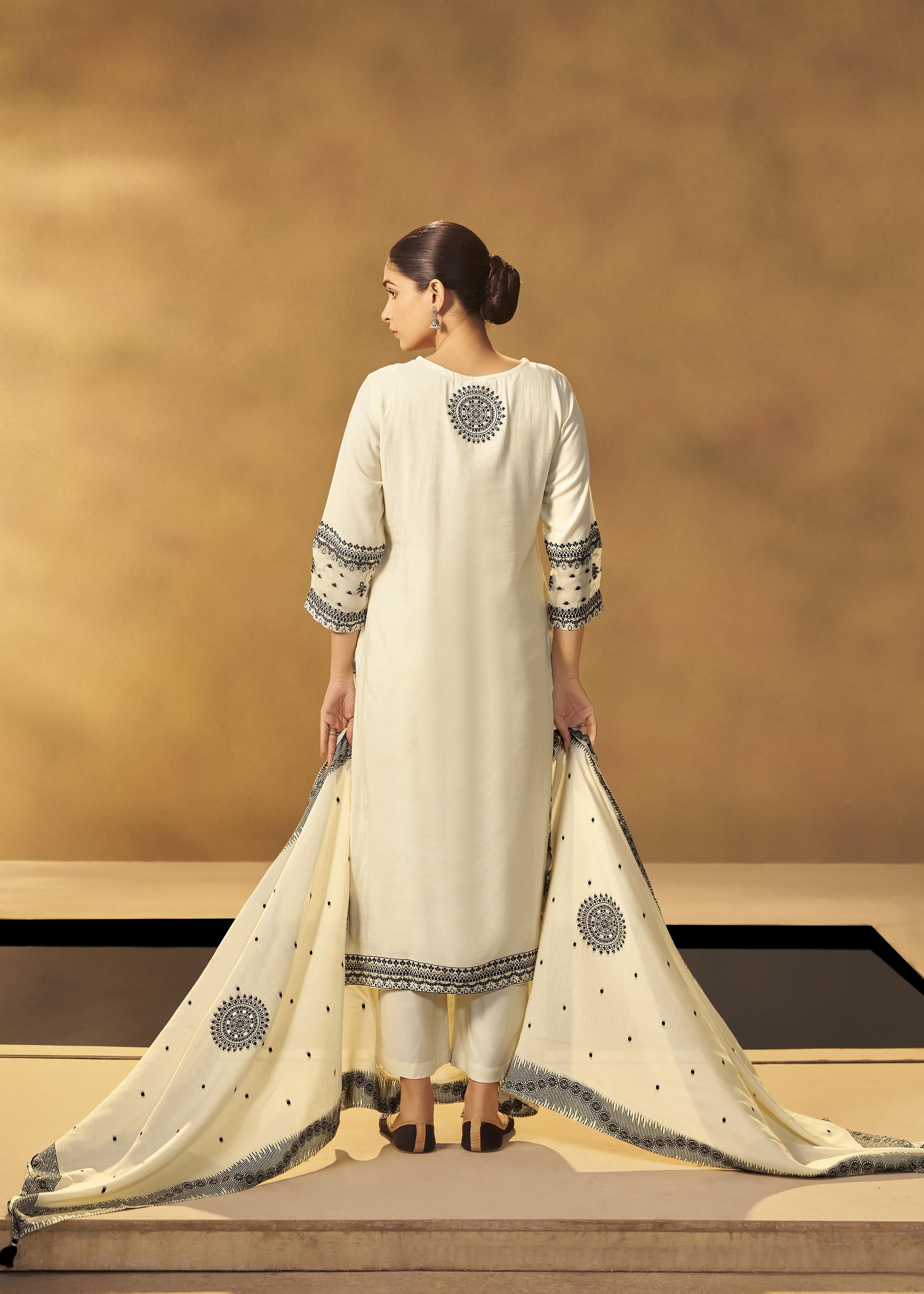 Butter Cream Muslin Black Jacquard Kurta Set