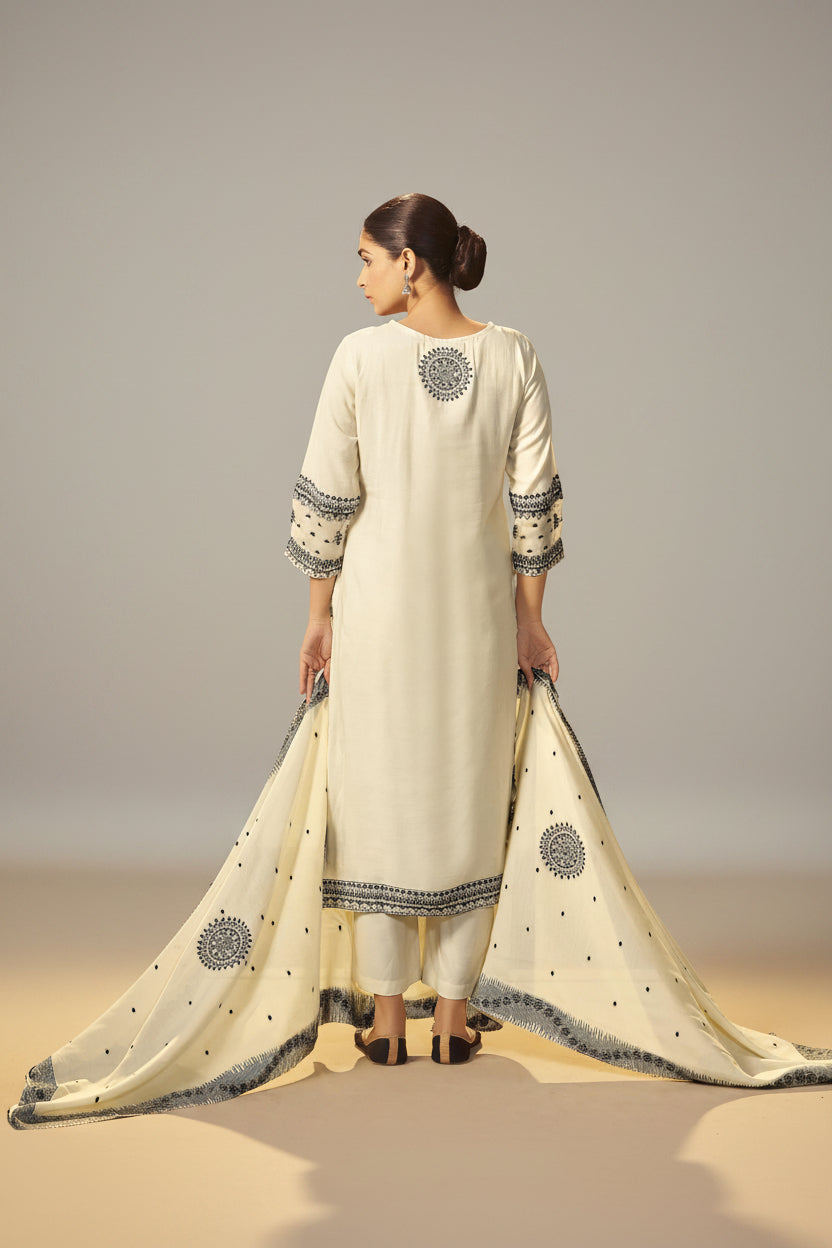 Butter Cream Muslin Black Jacquard Kurta Set