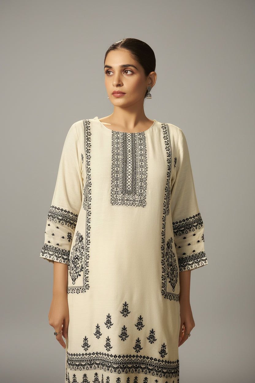 Butter Cream Muslin Black Jacquard Kurta Set