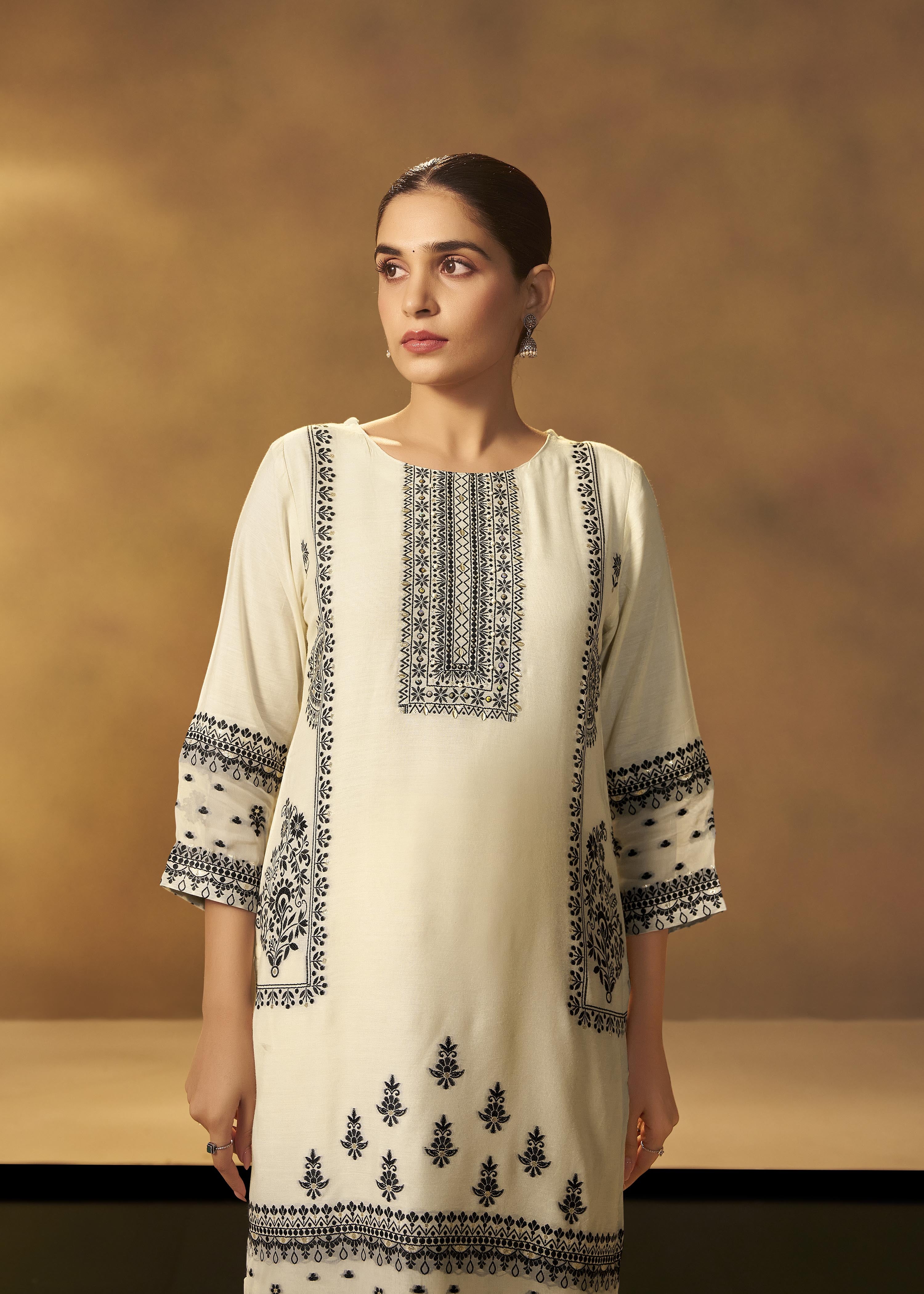 Butter Cream Muslin Black Jacquard Kurta Set