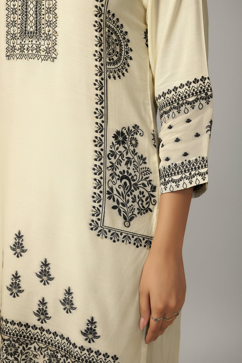 Butter Cream Muslin Black Jacquard Kurta Set