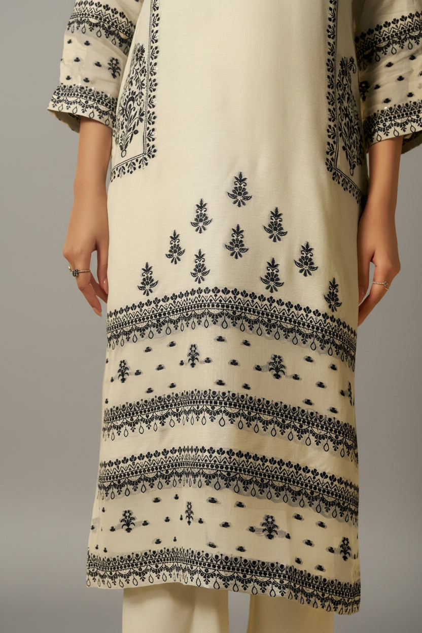 Butter Cream Muslin Black Jacquard Kurta Set