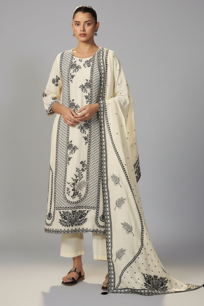 Neutral Cream Muslin Black Jacquard Kurta Set