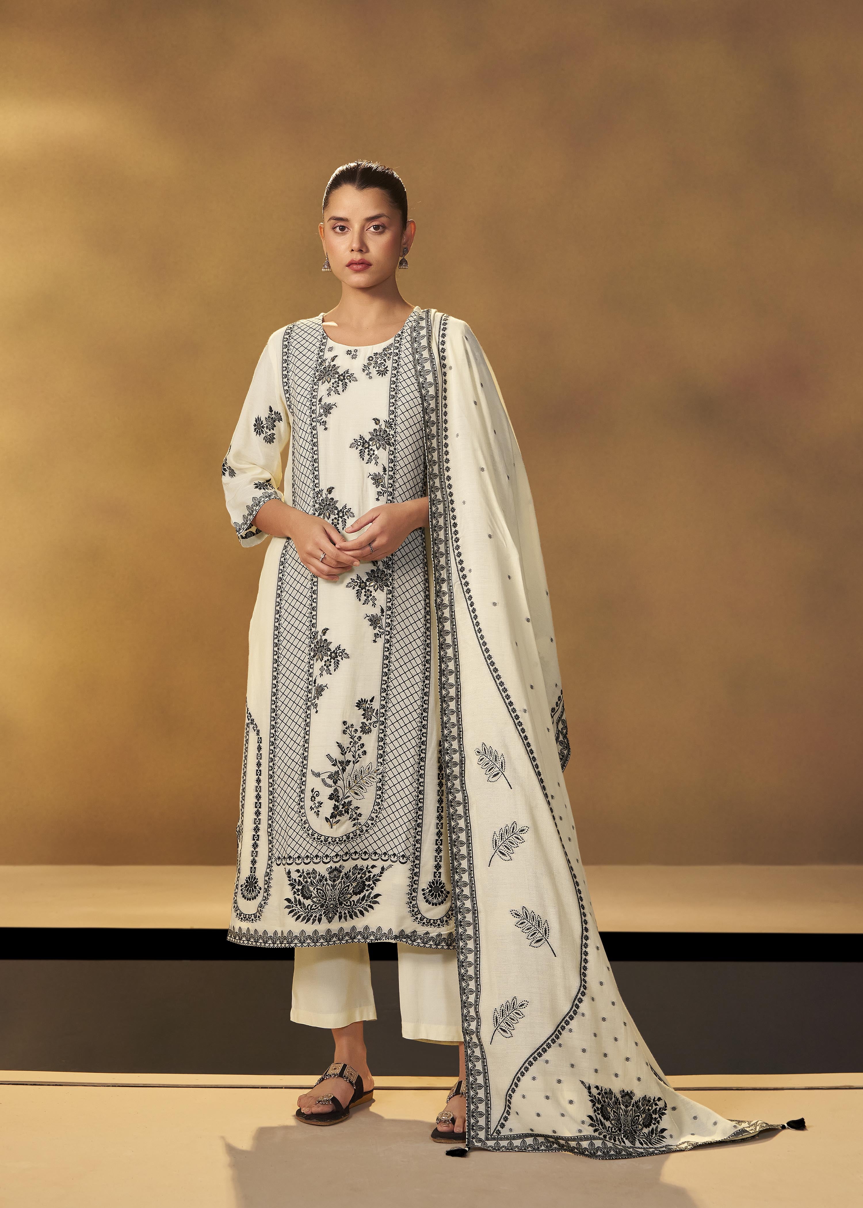 Neutral Cream Muslin Black Jacquard Kurta Set