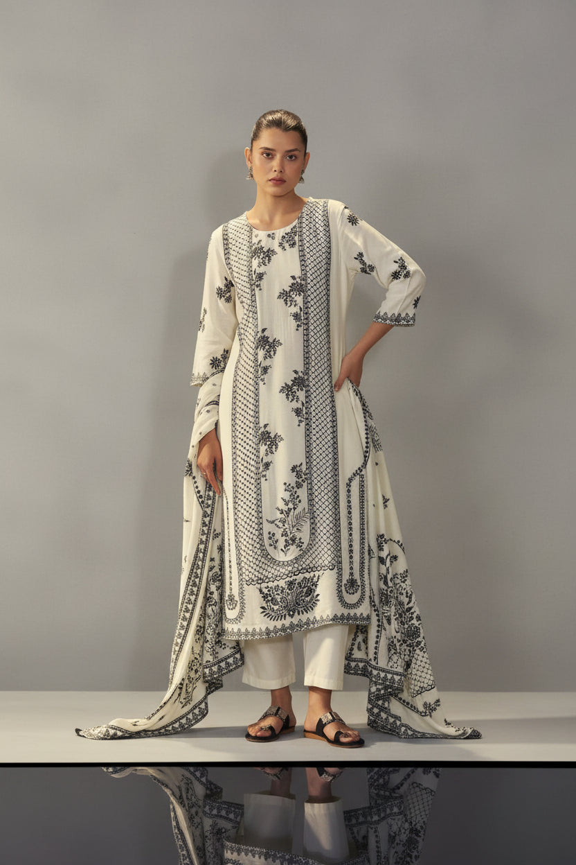 Neutral Cream Muslin Black Jacquard Kurta Set
