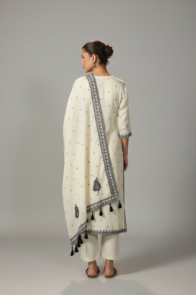 Neutral Cream Muslin Black Jacquard Kurta Set