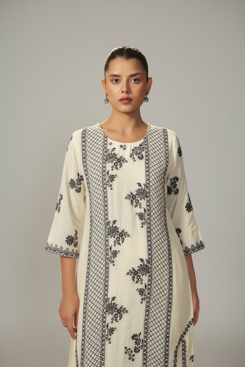 Neutral Cream Muslin Black Jacquard Kurta Set