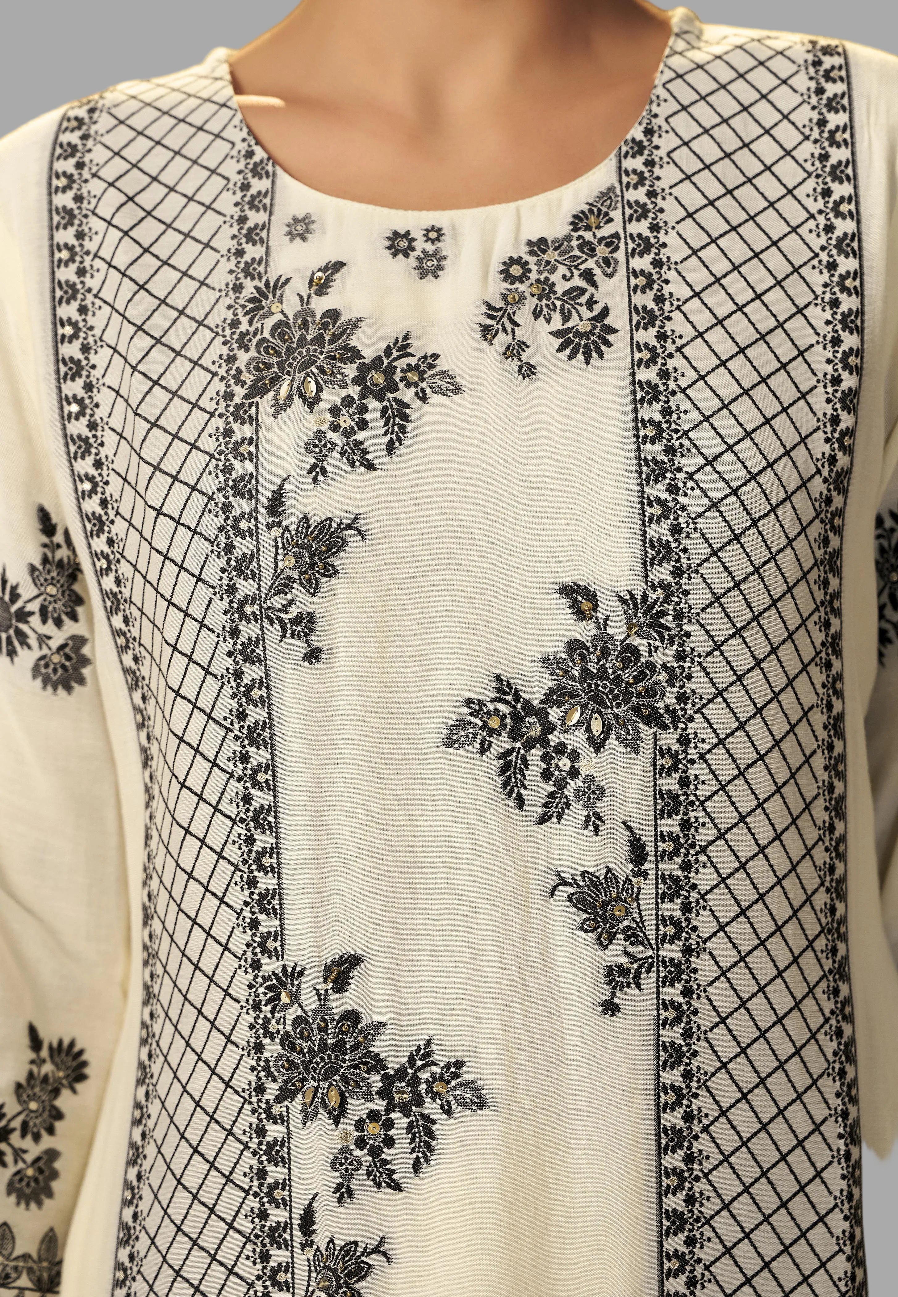 Neutral Cream Muslin Black Jacquard Kurta Set