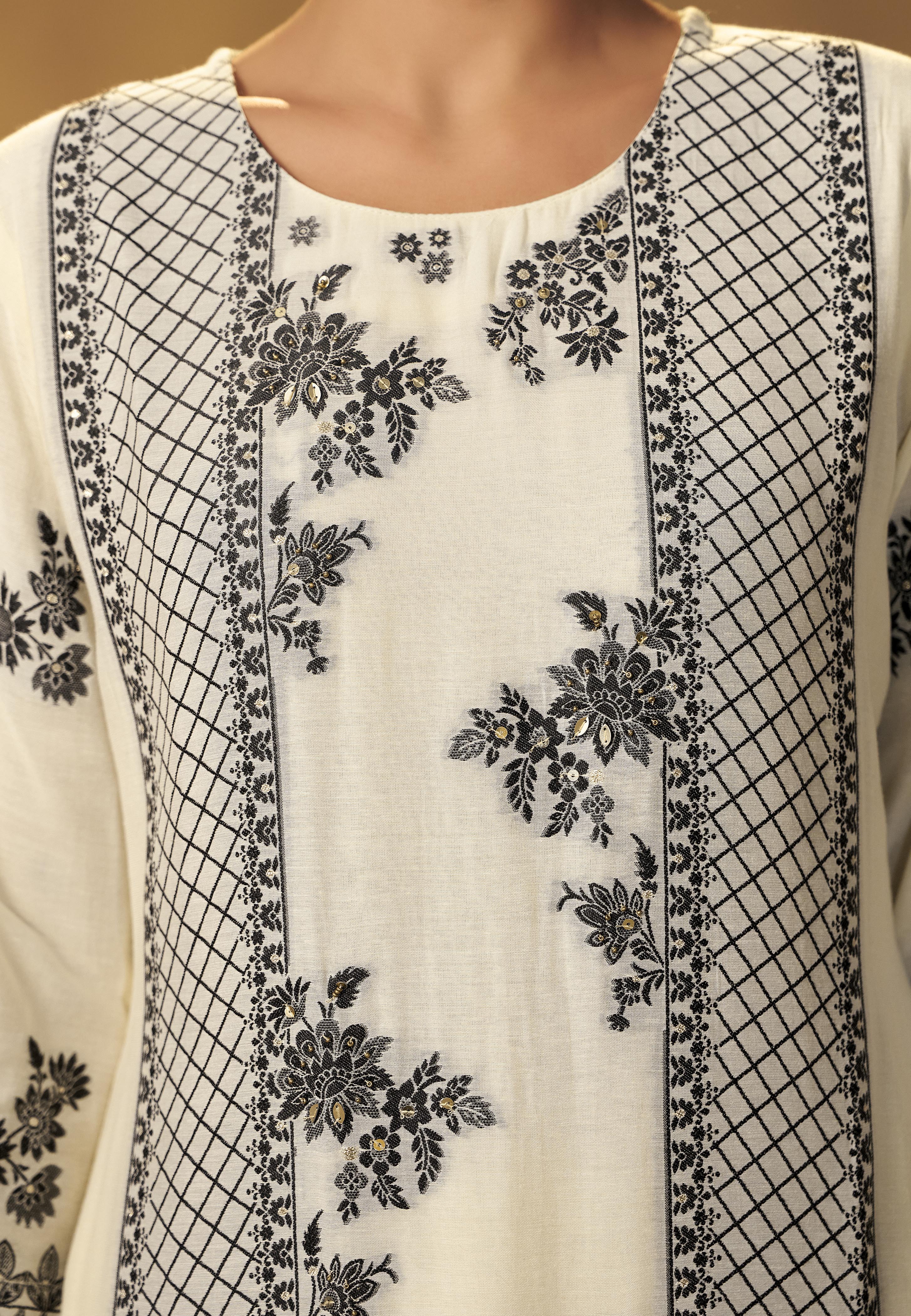 Neutral Cream Muslin Black Jacquard Kurta Set