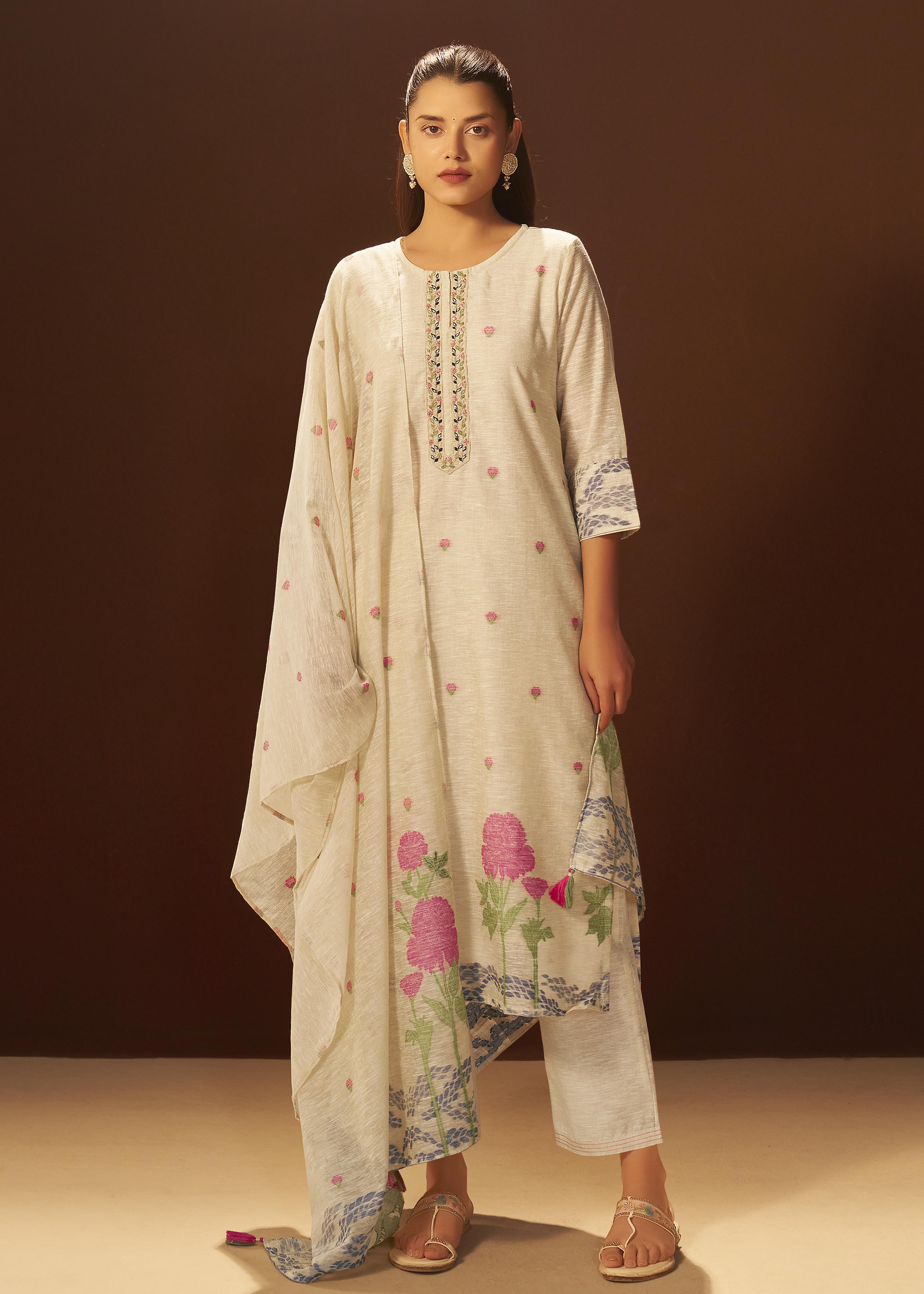 Beige Linen Chanderi Jacquard Kurta Set