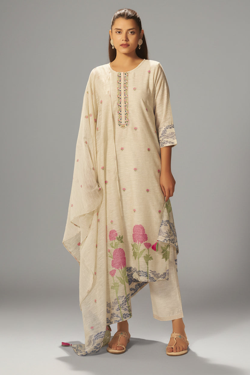 Beige Linen Chanderi Jacquard Kurta Set