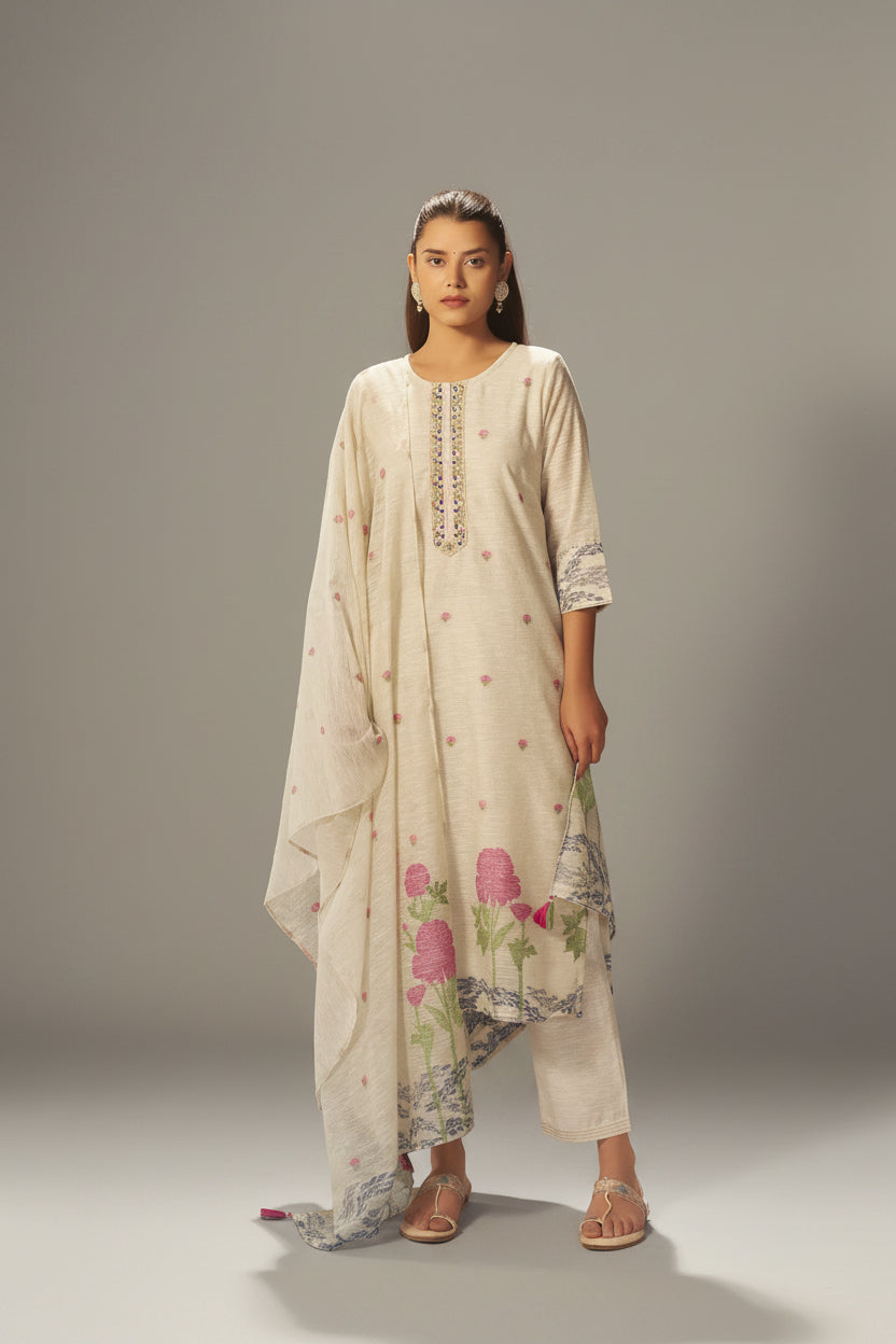 Beige Linen Chanderi Jacquard Kurta Set
